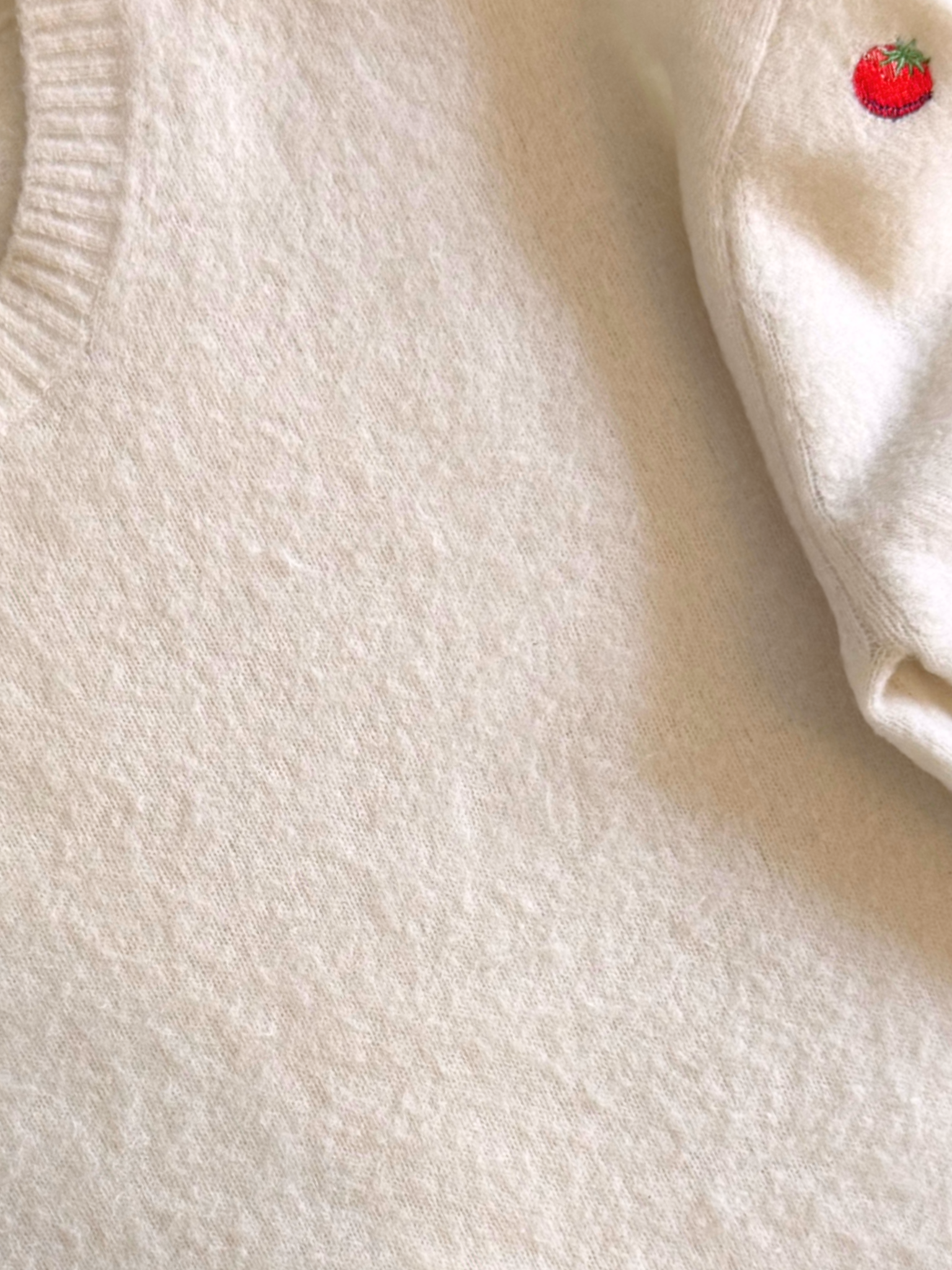 Close-up photo of a light cream or beige fabric material with a small embroidered red tomato on the upper right side.