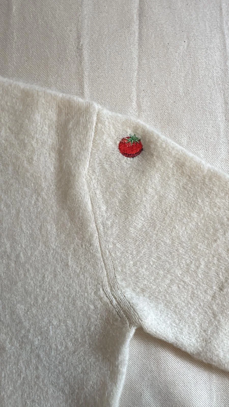 Close-up of a beige fabric with a small embroidered tomato patch.