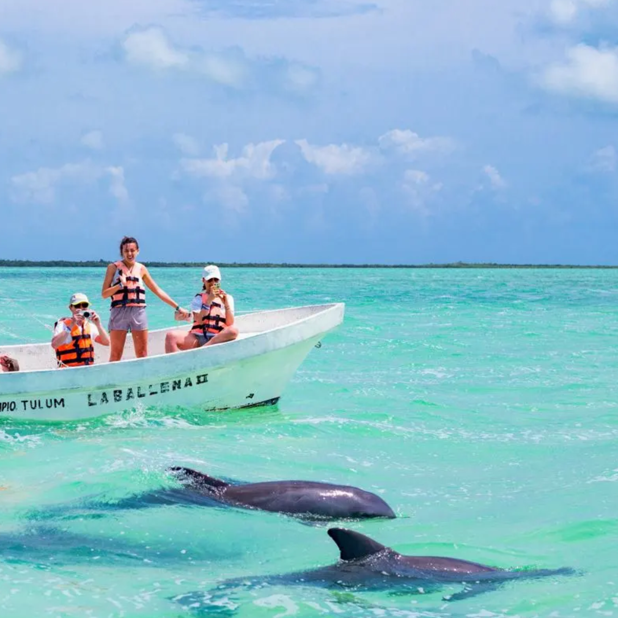 A group of children and a woman on a small boat in turquoise ocean water, with a dolphin jumping out of the water nearby and a cloudy sky above.