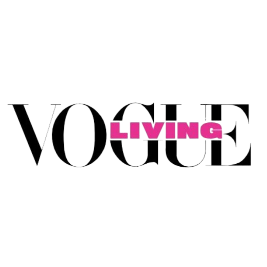 Text graphic with the words "Vogue" in large black letters, overlayed with "Living" in pink and "LIVING" in bold pink letters.