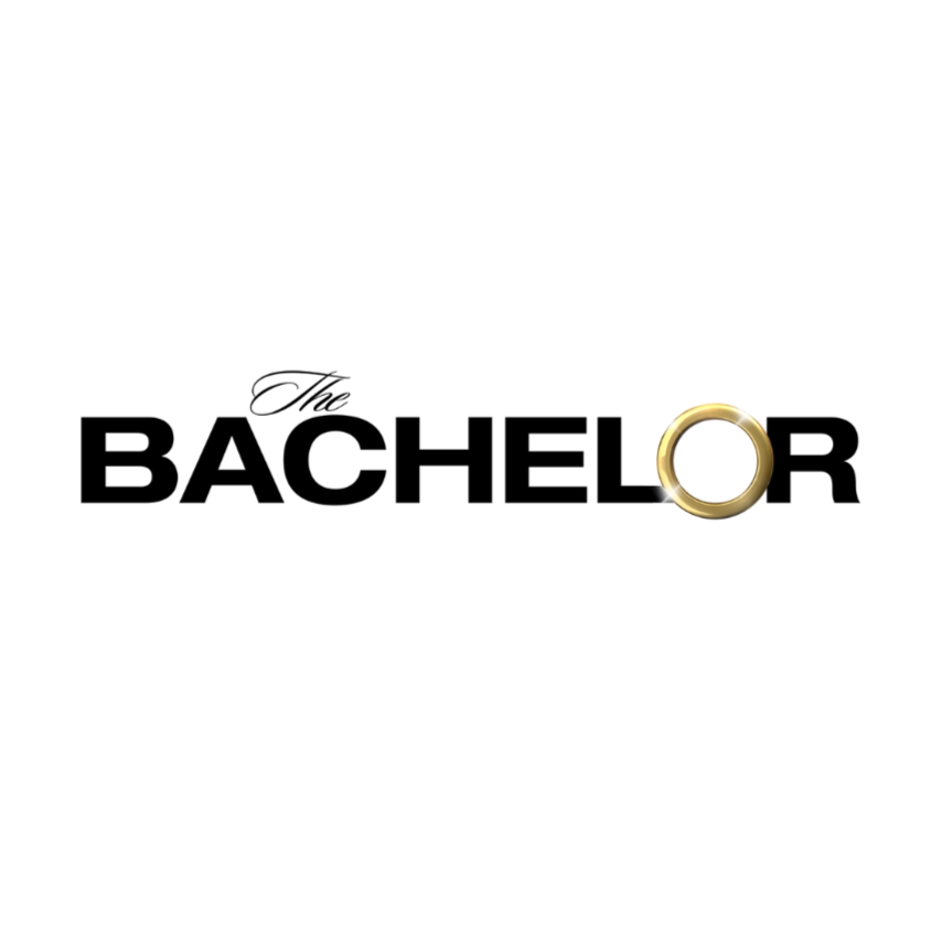 Logo for the TV show 'The Bachelor' featuring the show's title with a gold wedding ring replacing the 'O' in 'Bachelor'.