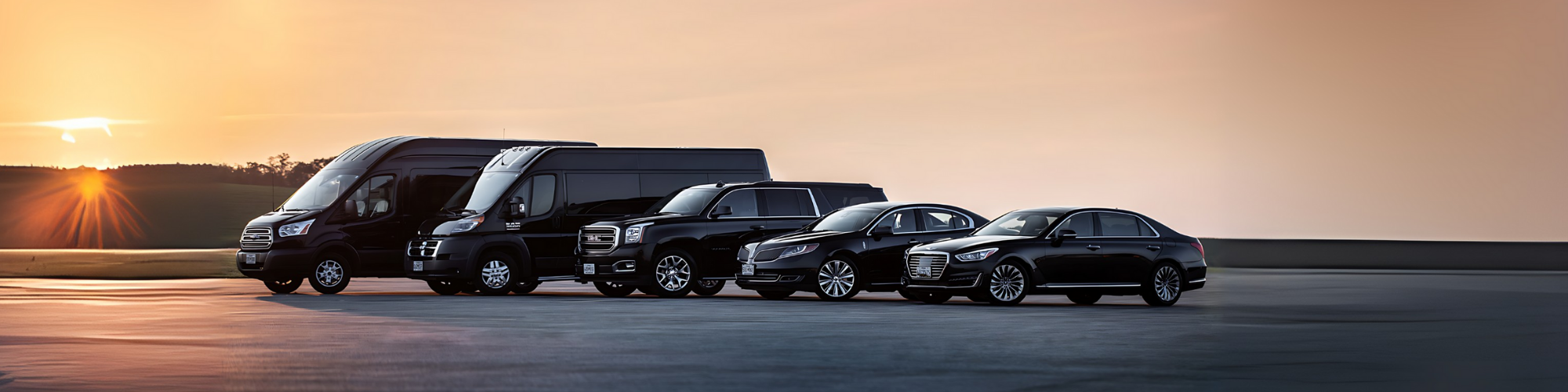Six black vehicles, including a van, an SUV, and sedans, parked side by side on a road during sunset.
