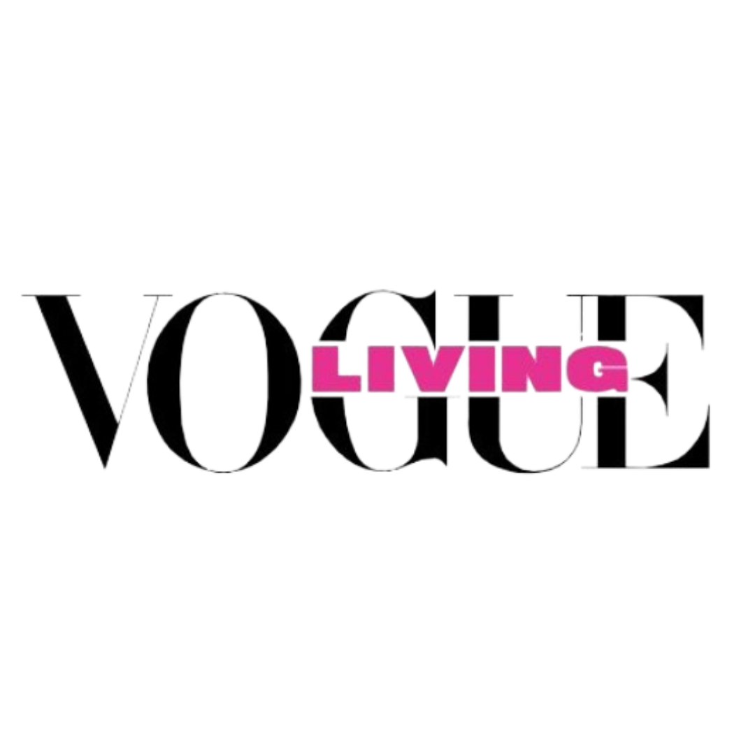 Text reading "VOGUE" with the word "LIVING" in pink overlayed on top.