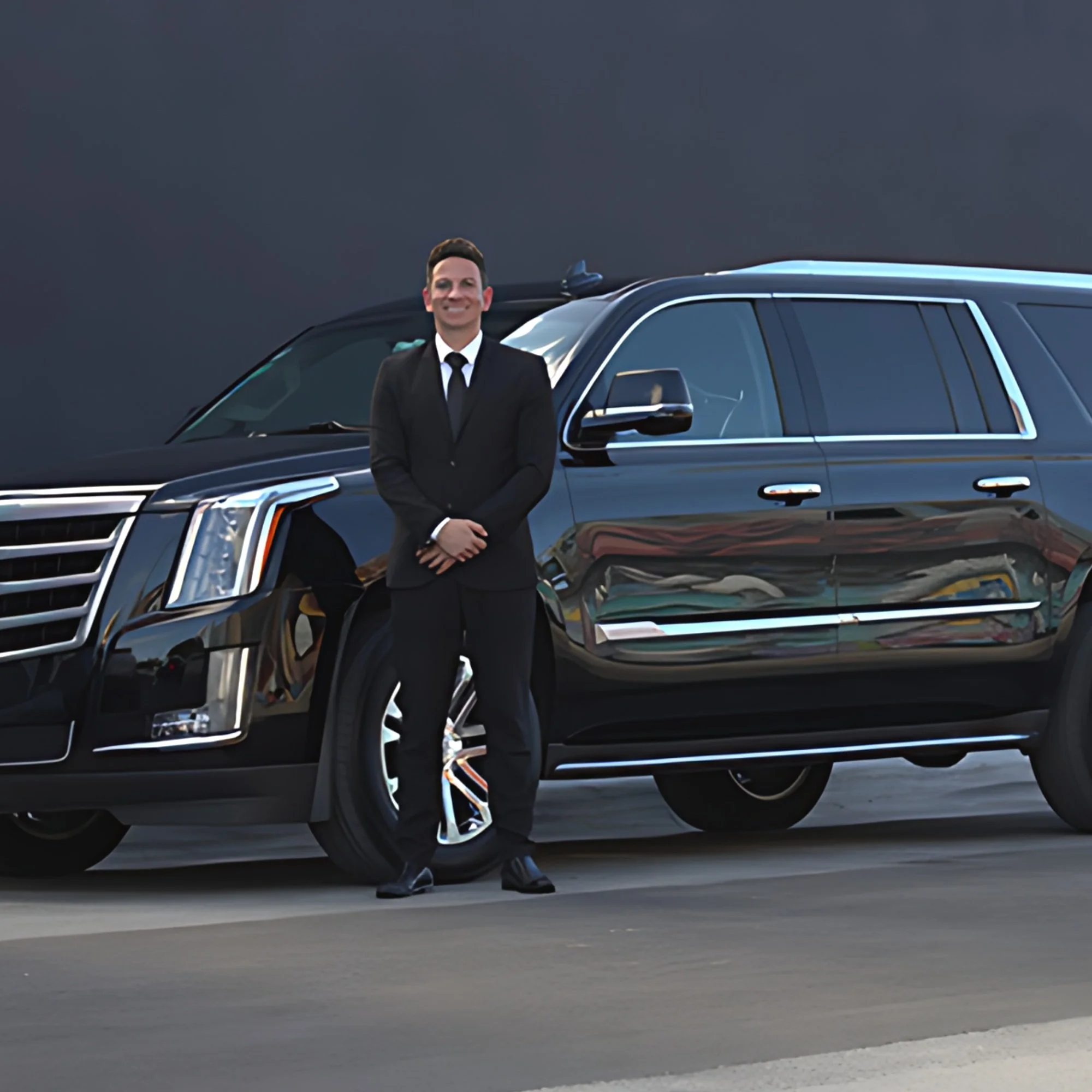 A man in a black suit and tie standing in front of a black luxury SUV on a paved road, smiling, during daytime with a plain dark gray sky background.