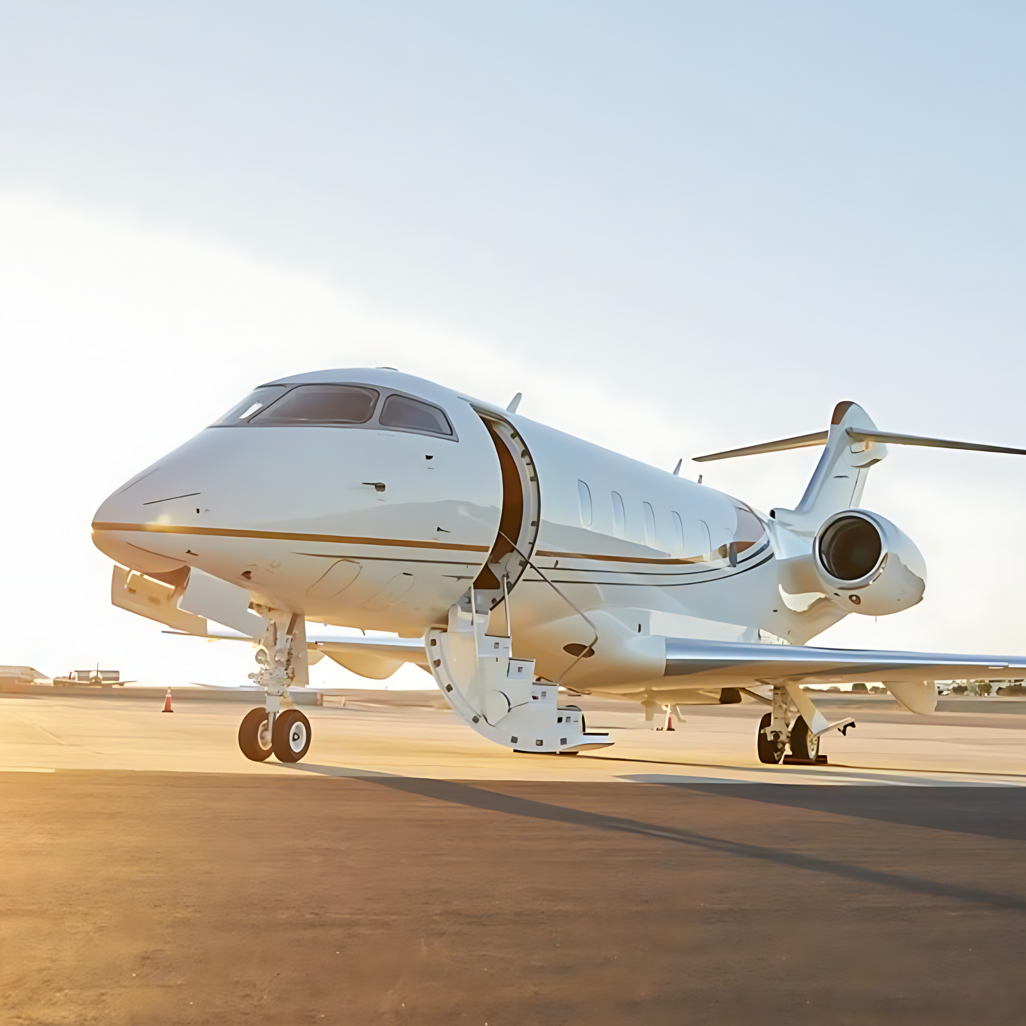 A private jet parked on a tarmac during sunset.