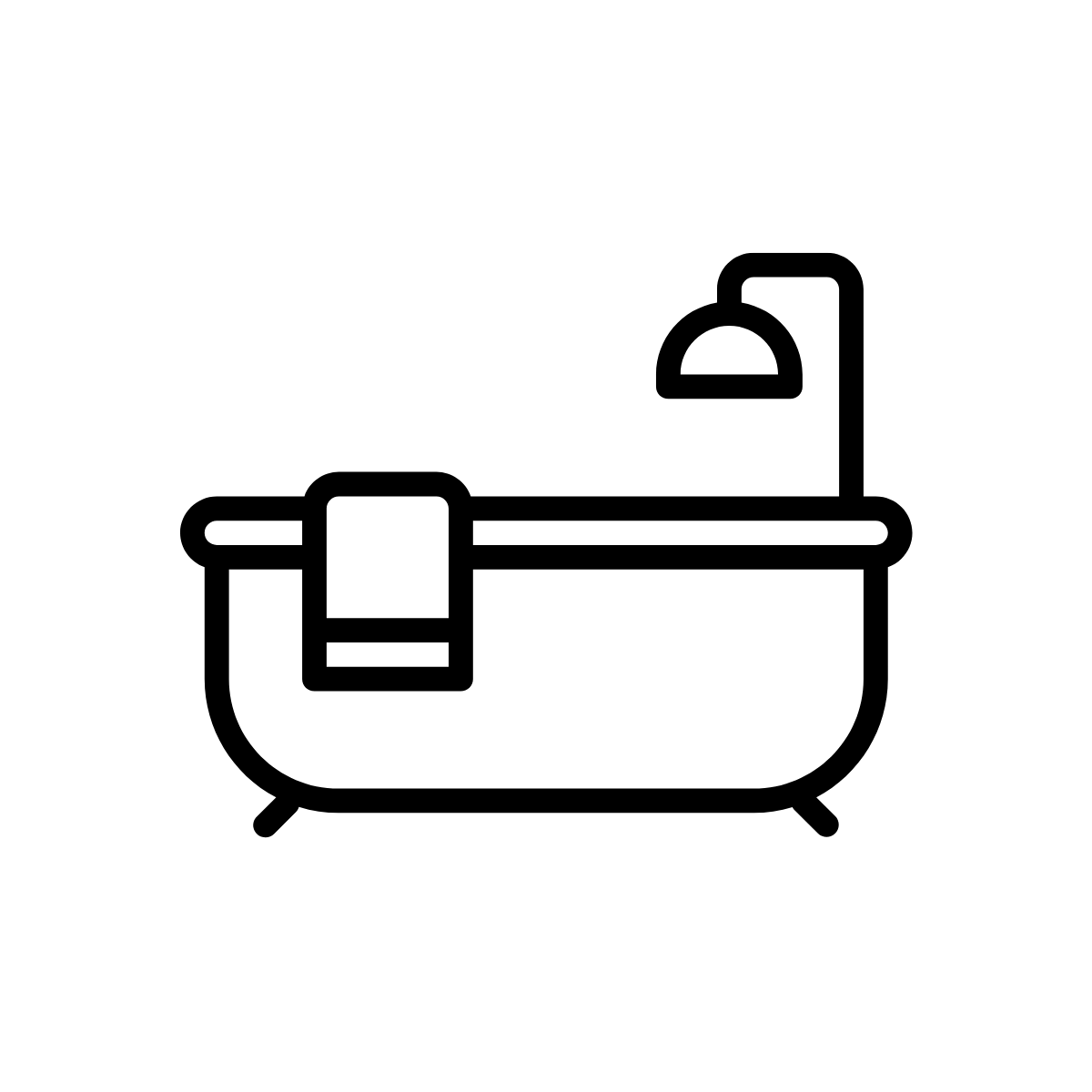 Line drawing of a bathtub with a towel hanging over its side and a showerhead above.