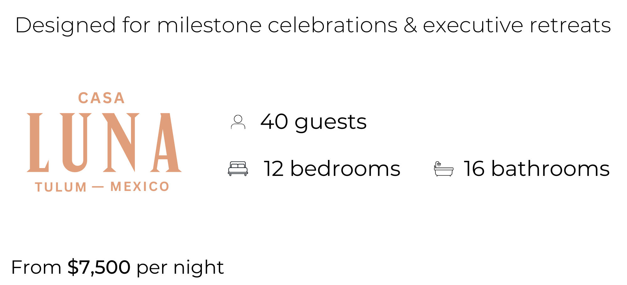 Graphic design with the words 'Casa Luna Tulum - Mexico' in large peach-colored font, with a small dark blue car icon and additional text in dark blue.