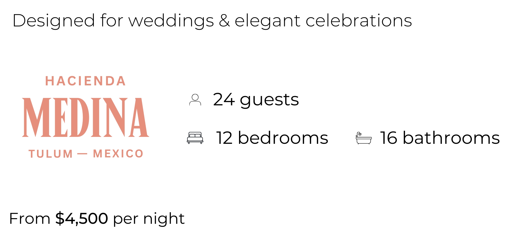 Logo for Hacienda Medina, Tulum, Mexico with stylized text and a small car icon.
