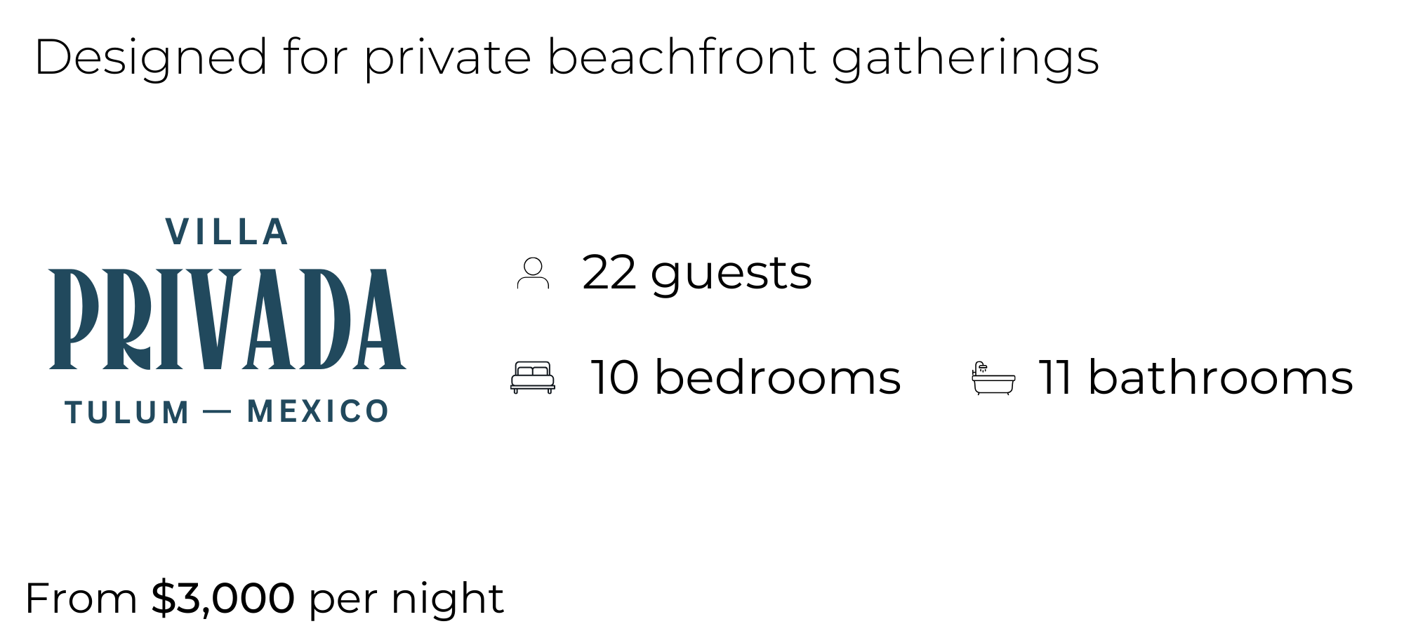 Image depicting a map with a map pin, text reading 'Villa Privada Tulum - Mexico', and icons of a house and a car.