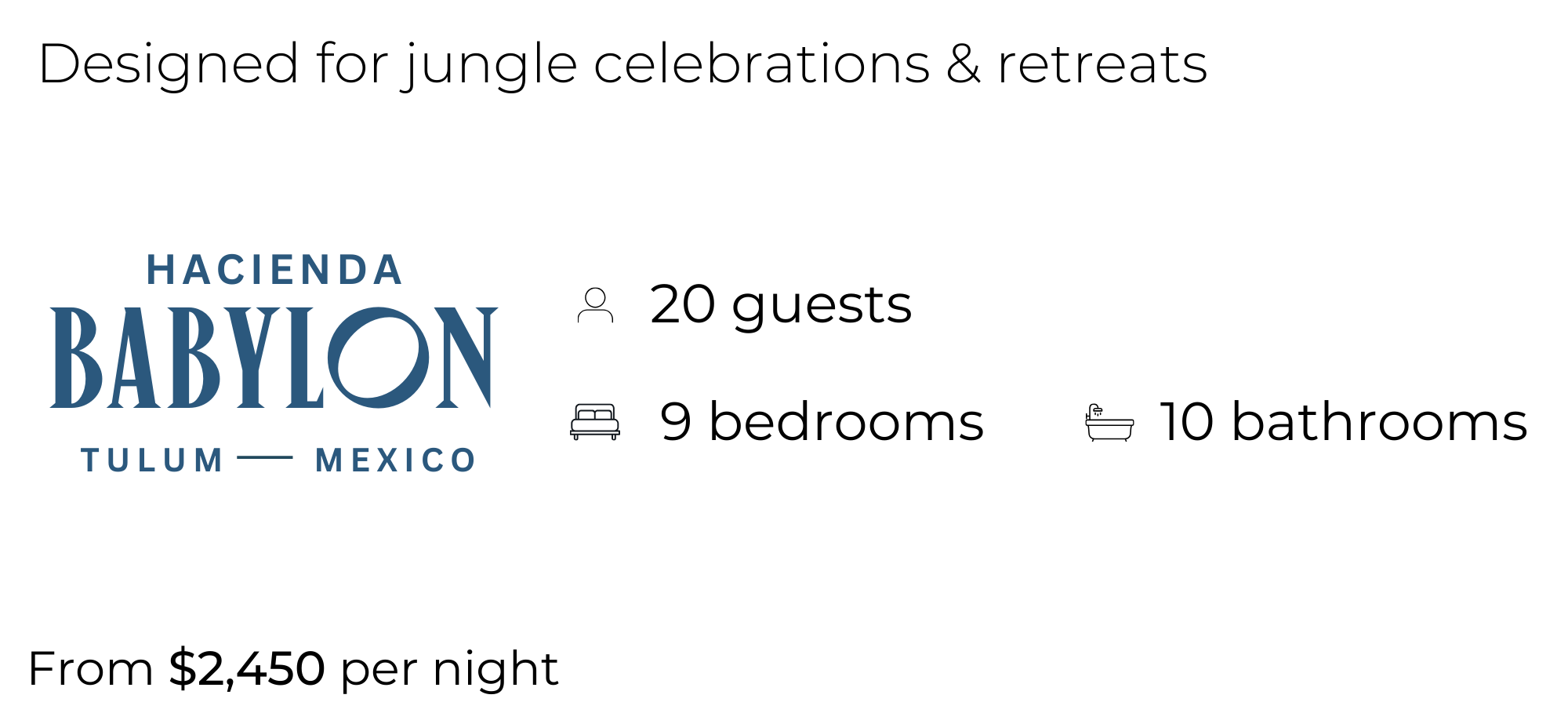 Black background with blue and white text that reads 'Hacienda Babylon Tulum Mexico' and a small icon of a bed.