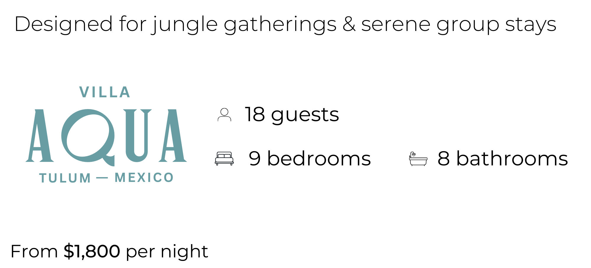 Logo for Villa Aqua Tulum Mexico, featuring the name 'Villa Aqua' with a small icon of a bed and a palm tree.