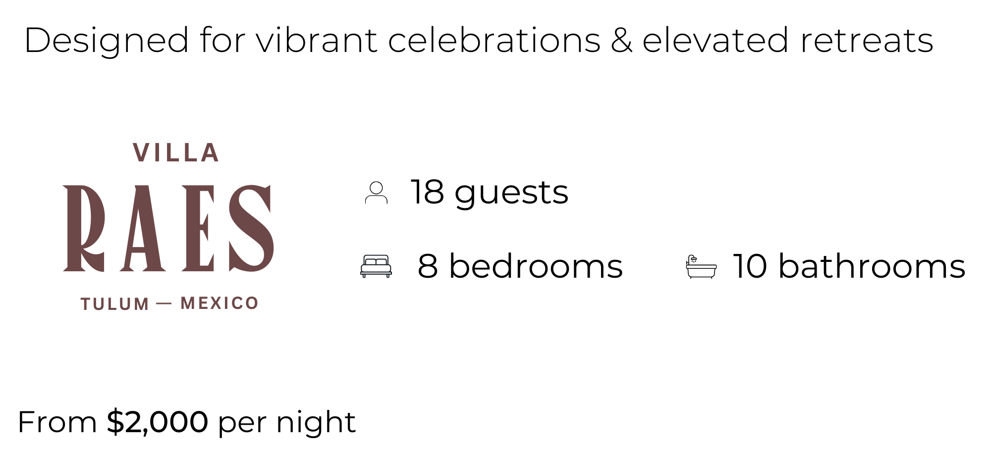 Logo for Villa Raes, Tulum, Mexico with a black background, large maroon text, and a small car icon.
