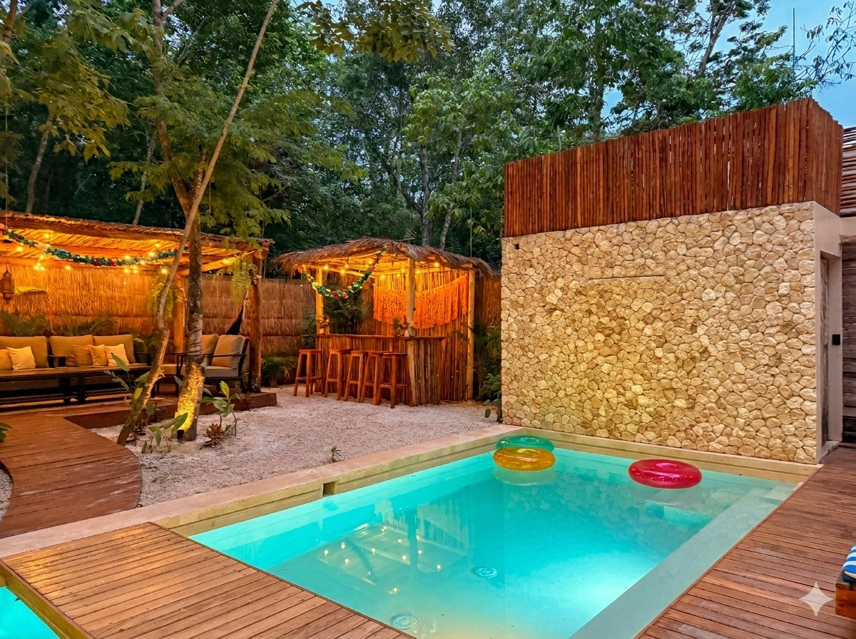 An outdoor pool area at dusk with floating pool rings, wooden seating, a tiki hut decorated with string lights and garland, and a stone and wood wall, surrounded by trees.