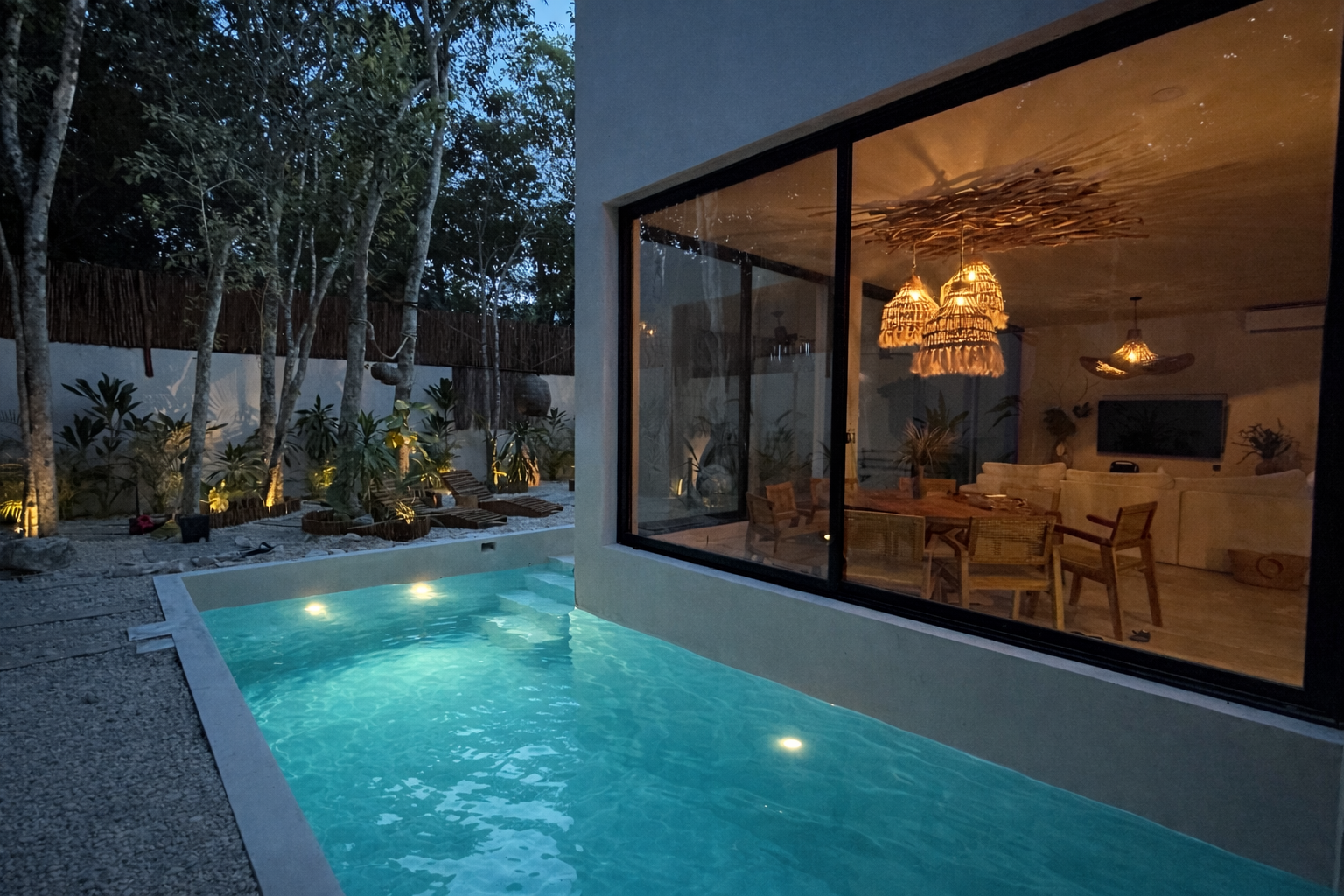 Nighttime view of a small swimming pool adjacent to a modern house with large glass windows showing a brightly lit interior with wicker pendant lights, wooden dining table, and beige sofa in the living room, surrounded by trees and plants.