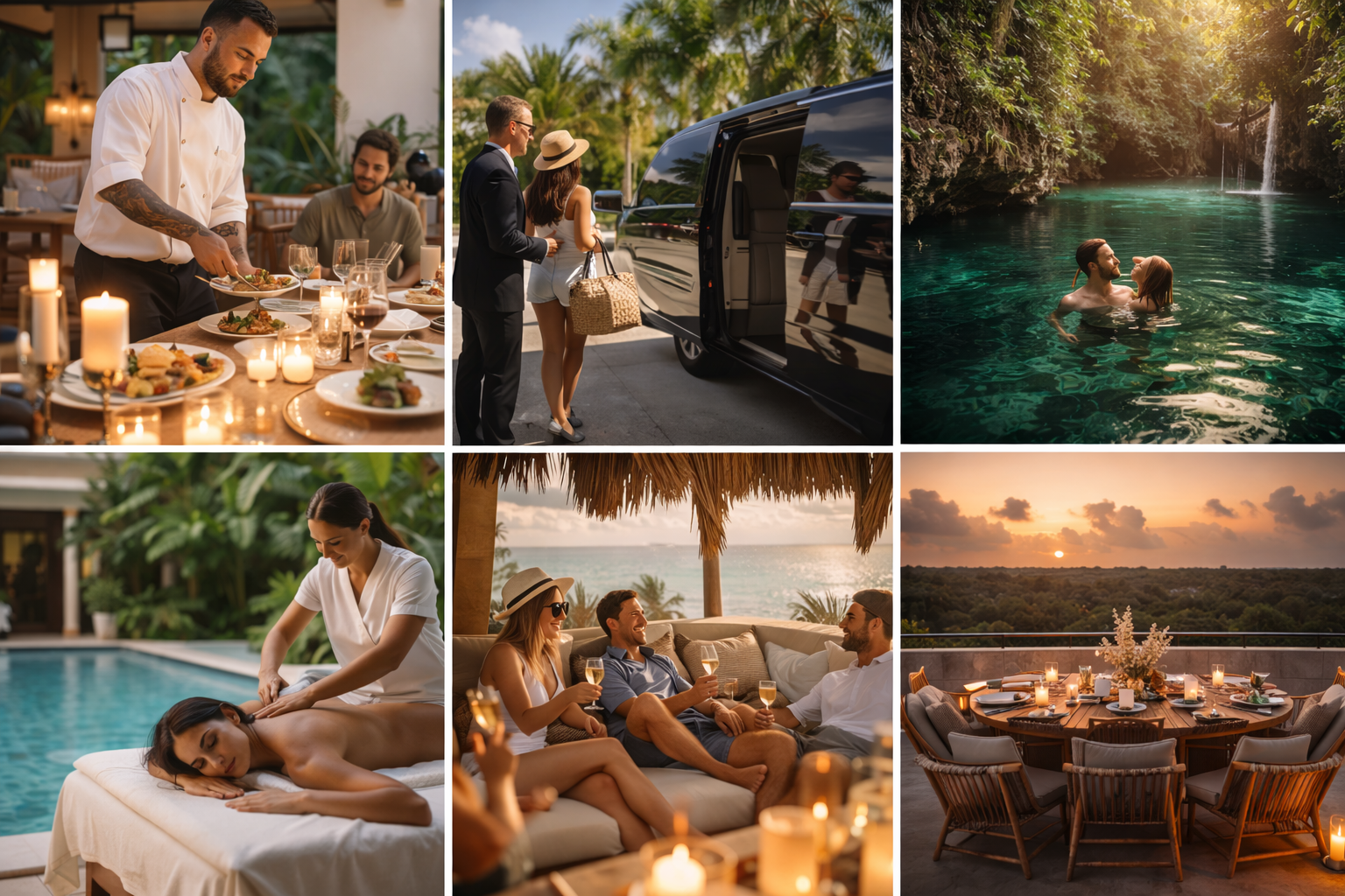 A collage of six images showcasing a luxurious vacation experience: a chef preparing food in a restaurant, two people arriving at a hotel in a limousine, a couple swimming in a waterfall pool, a massage therapist giving a massage by a pool, friends enjoying drinks at sunset on a patio, and an outdoor dining table with a sunset view.
