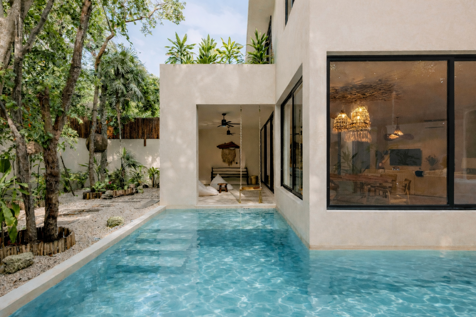 Modern house with a swimming pool, glass doors, and lush green trees outside.