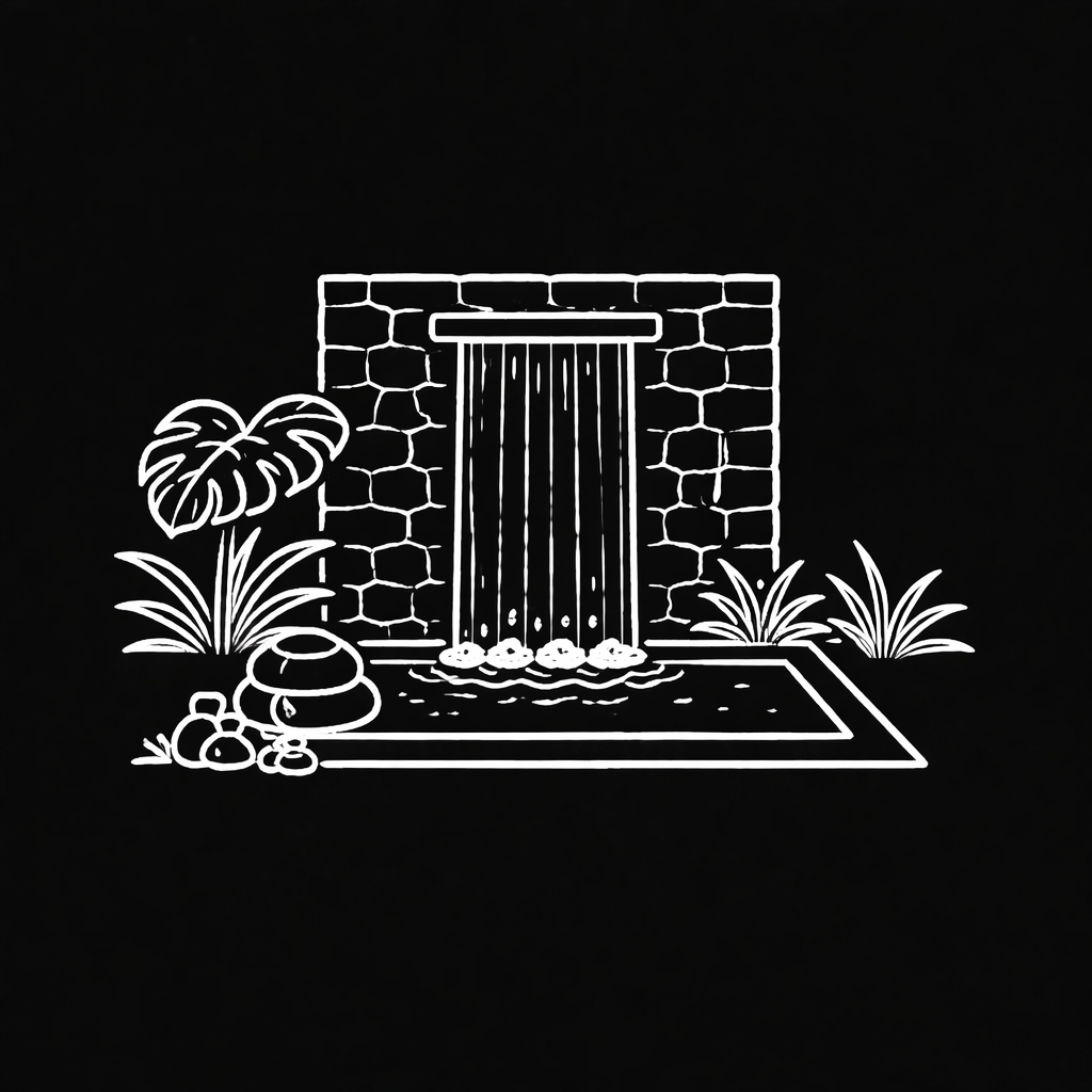 White line drawing of a waterfall flowing from a brick wall into a pond, surrounded by plants and rocks.