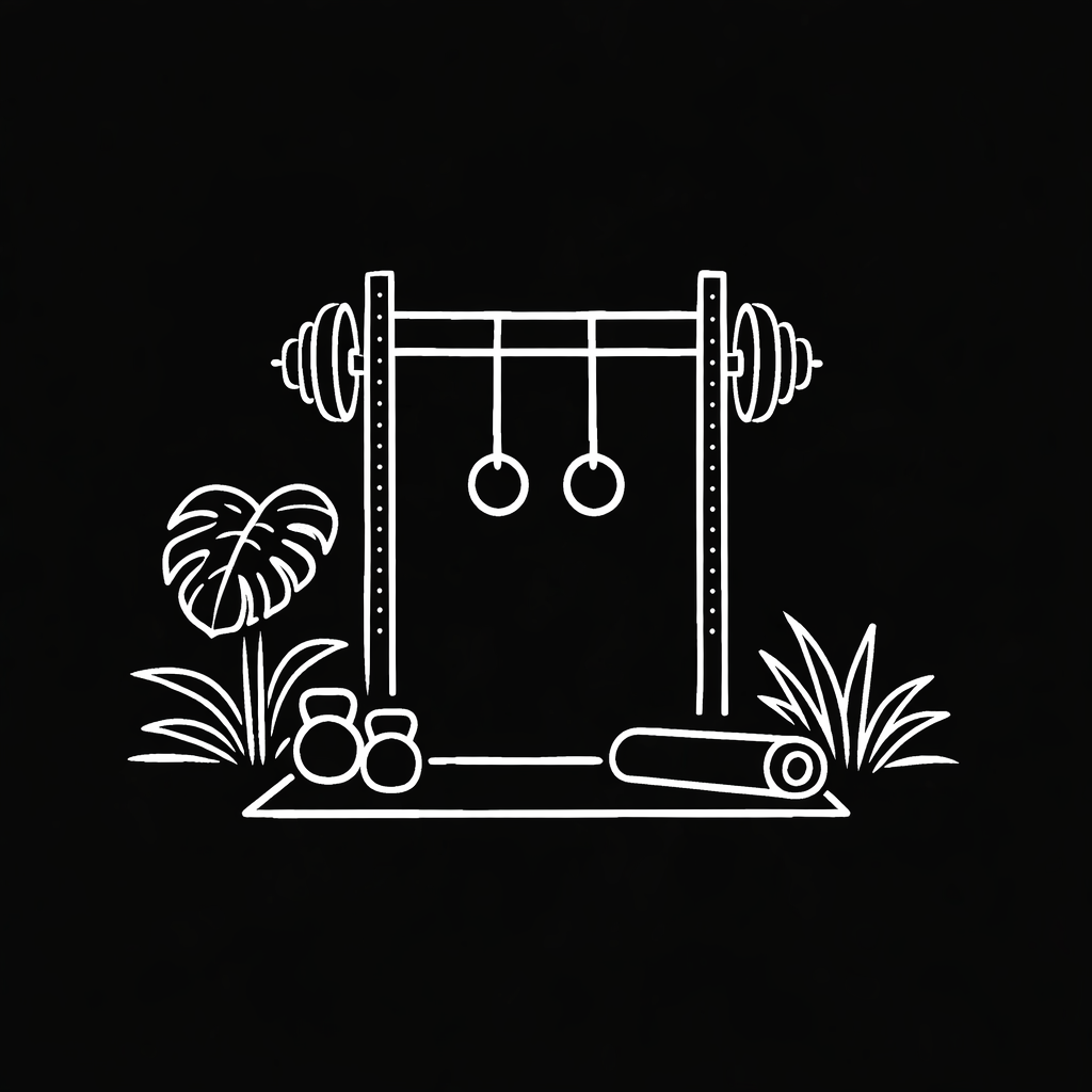 Minimalist line drawing of gym equipment including dumbbells, gymnastic rings, and a barbell with weights, surrounded by plants and a rolled yoga mat on a mat.