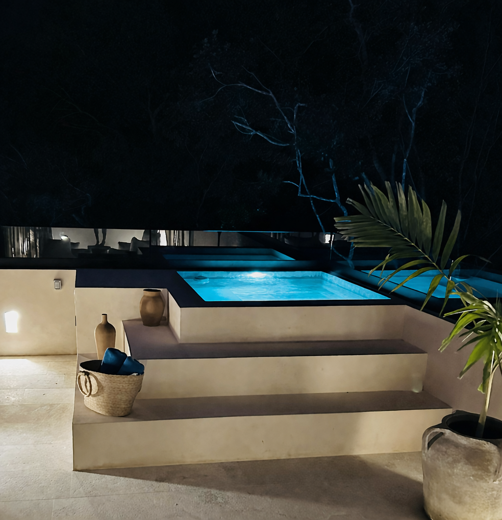Night view of an outdoor patio with a lit swimming pool, beige steps, and potted plants, including a large leafy plant and two vases, with a dark background of trees.
