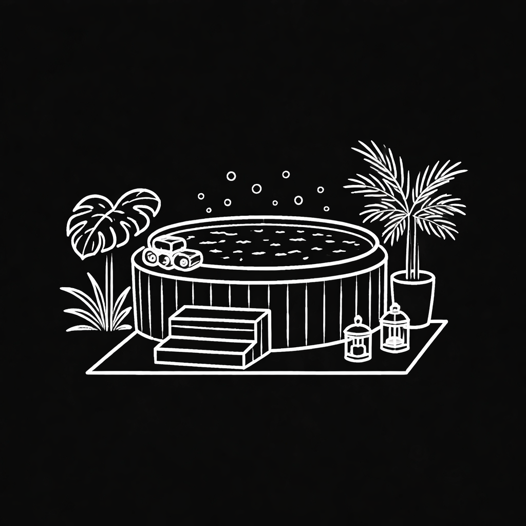 Outline drawing of a hot tub with steps, surrounded by potted plants, lanterns, and firework decorations, on a mat.