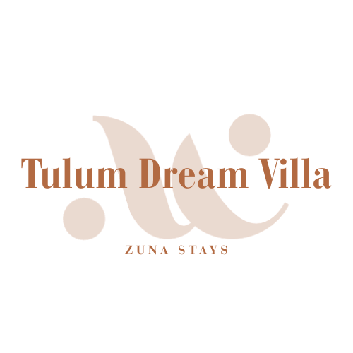 Logo with the text 'Tulumi Dream Villa' and 'ZUNA STAYS', featuring stylized abstract shapes in brown.