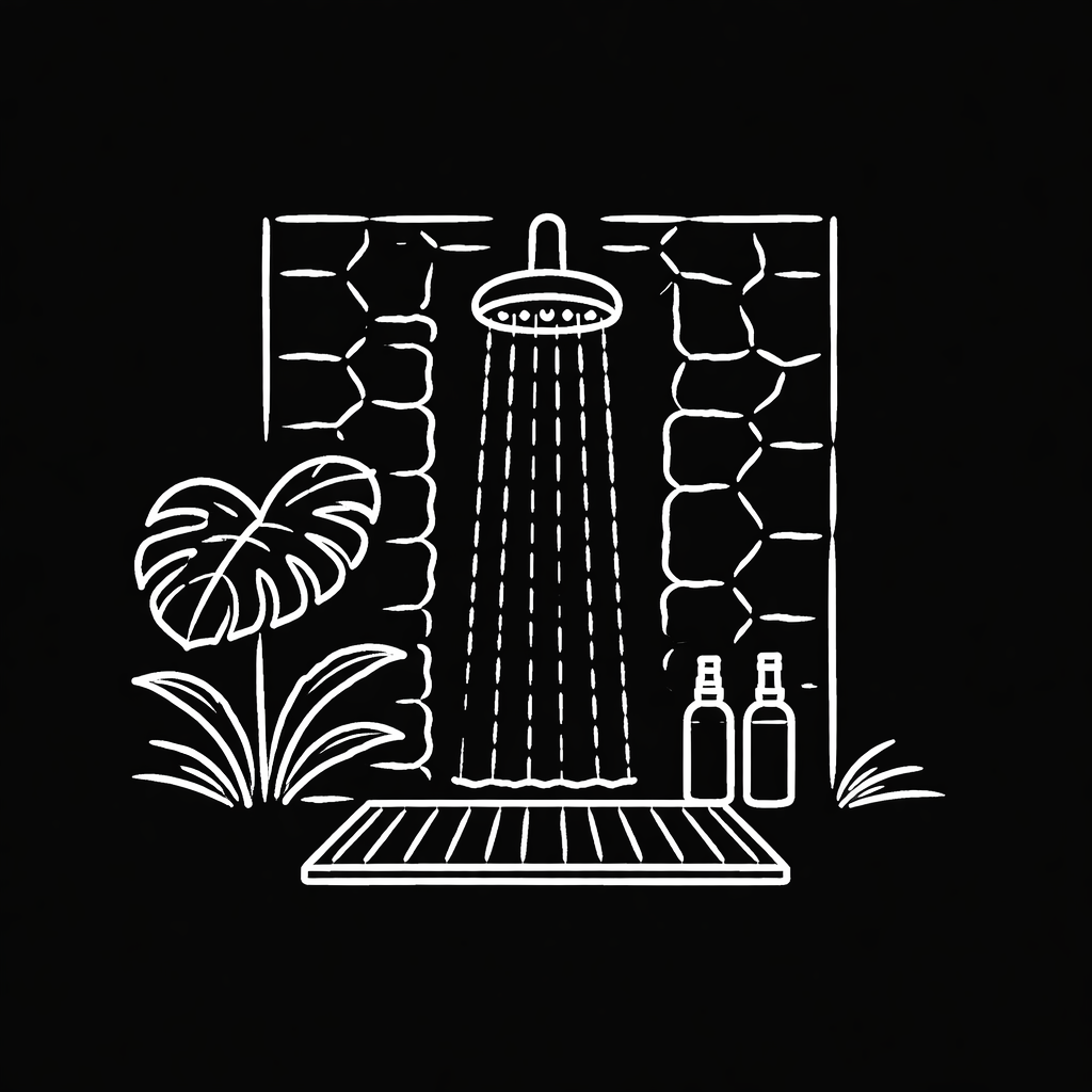 Line drawing of an outdoor shower with two bottles, surrounded by plants, on a black background.