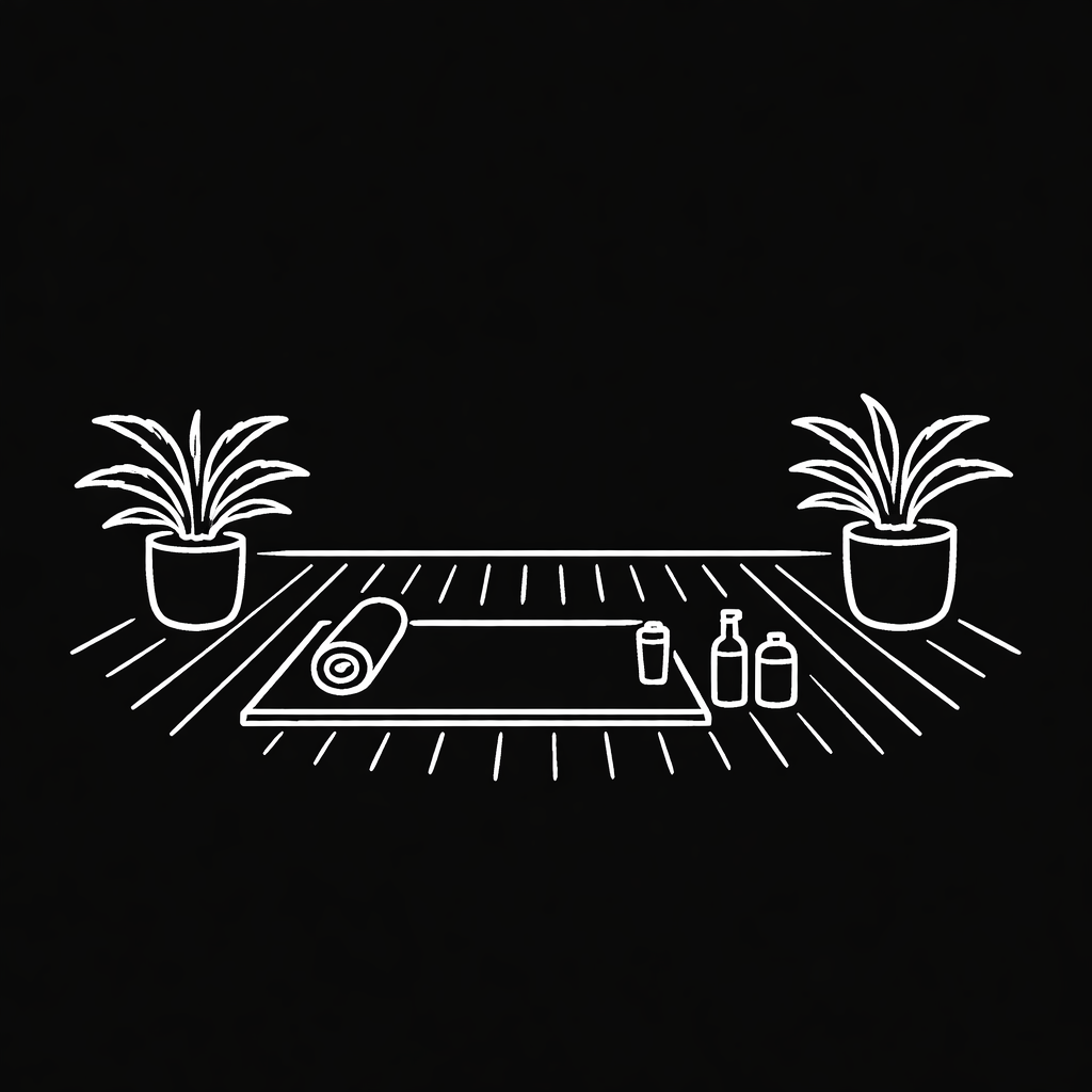 Neon line art of yoga mat, rolled towel, three bottles, and two potted plants on a wooden floor.