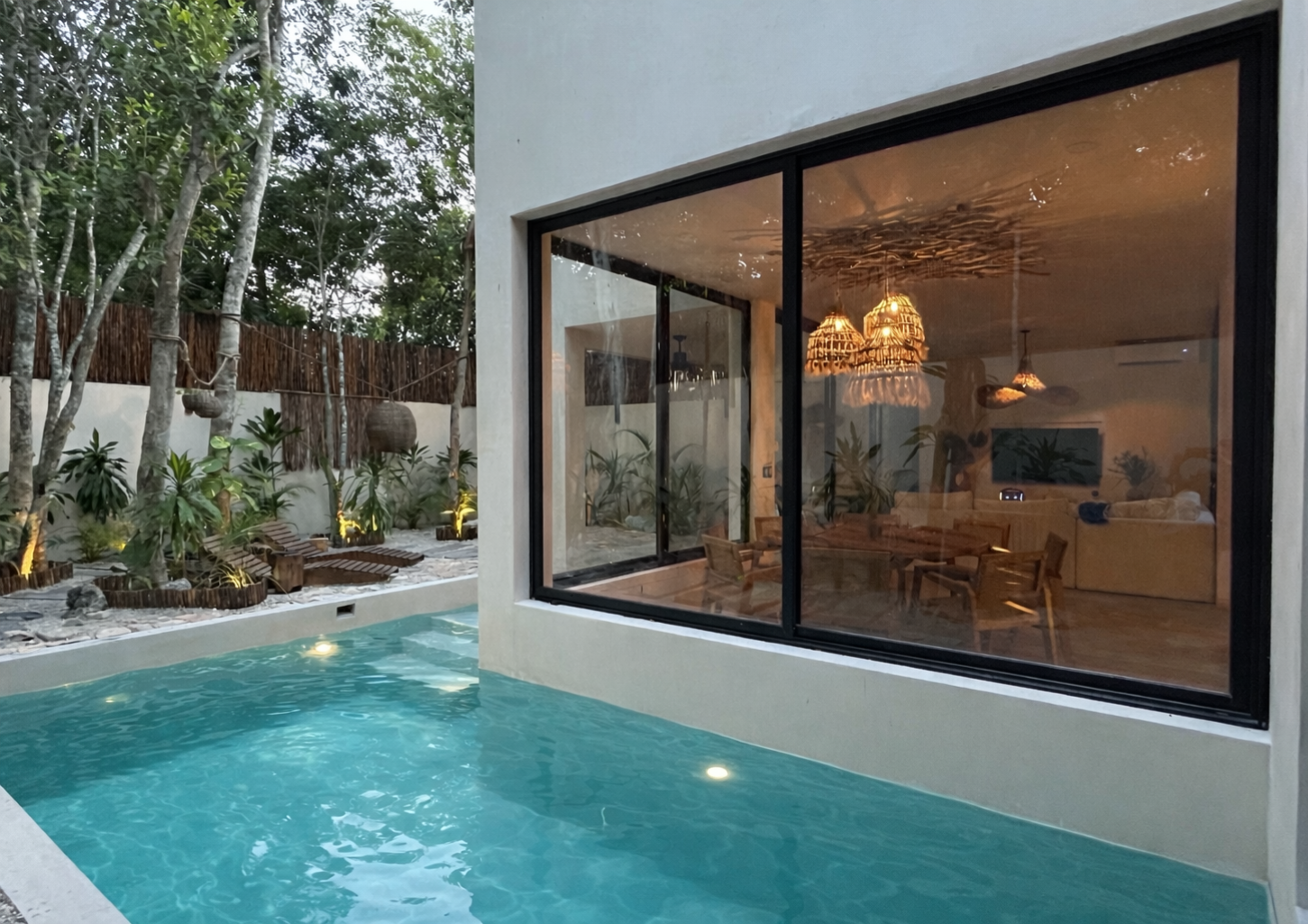 Modern house with large glass windows, outdoor swimming pool, tropical plants, and a garden with hanging wicker lamps inside visible through the window.