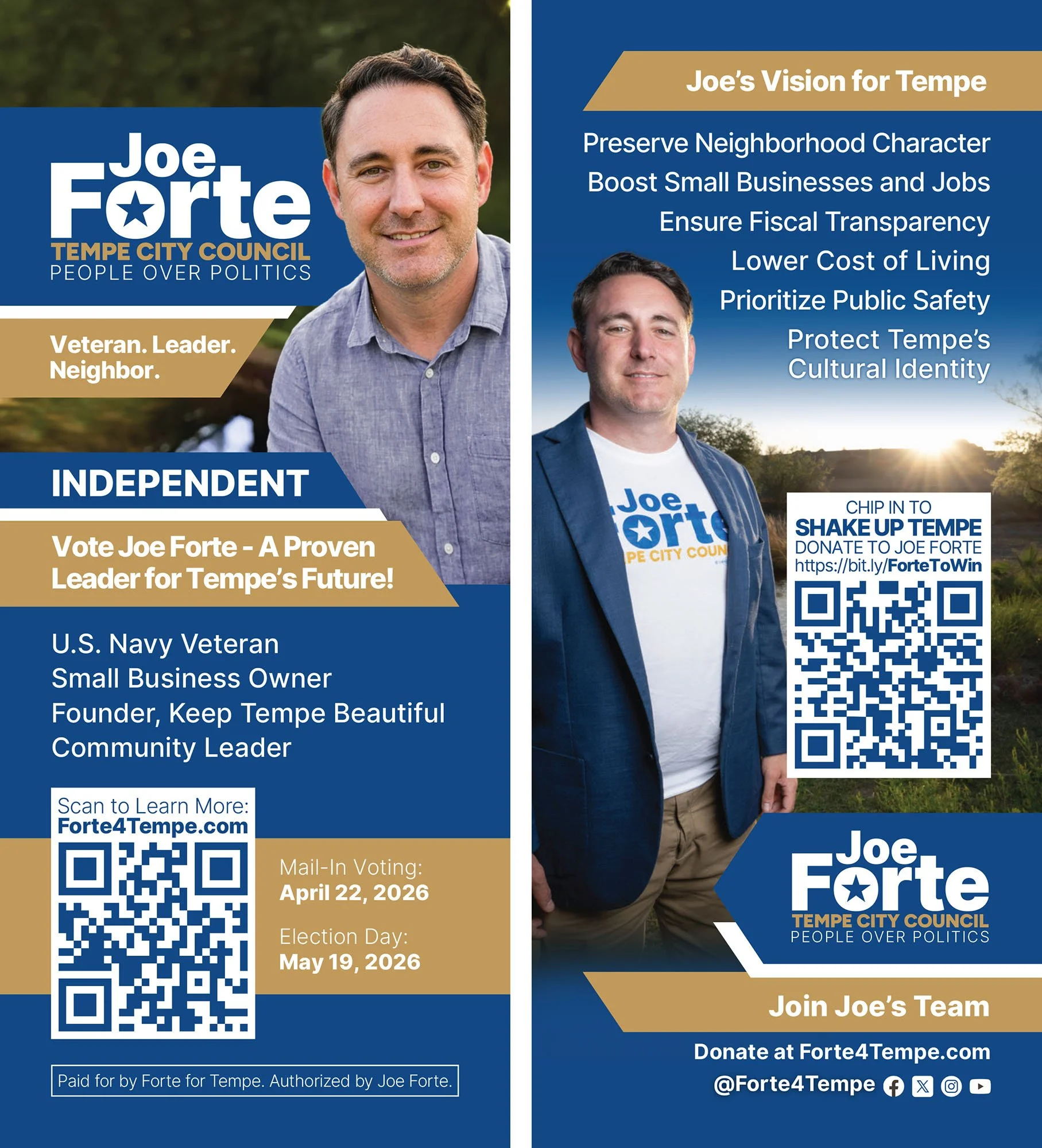 Front and back print design of a political campaign flyer for Joe Forte, candidate for Tempe City Council in Arizona. The layout features the candidate's portrait, core platform policies including public safety and fiscal transparency, election dates