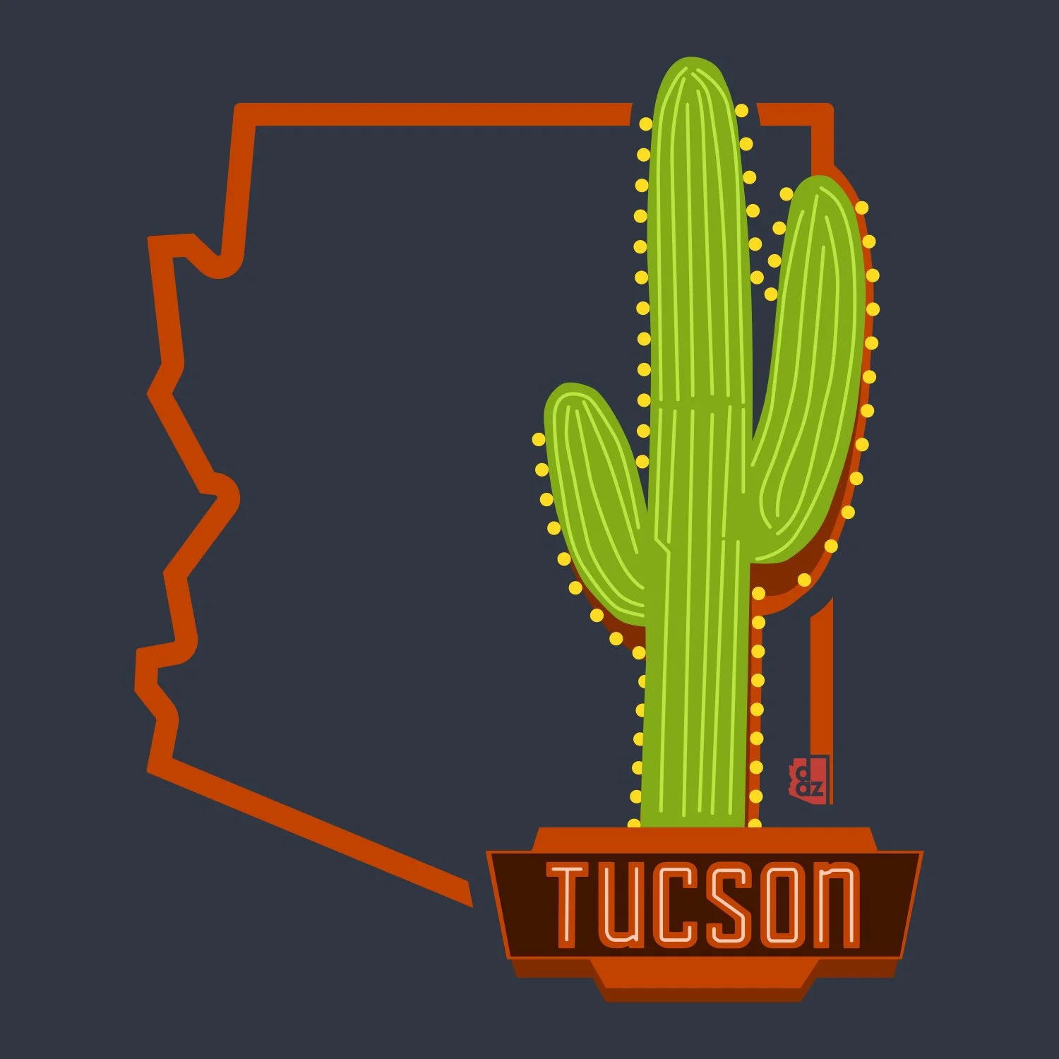 Localized Tucson pride apparel graphic featuring a neon-style saguaro cactus illustration and retro "Tucson" typography.