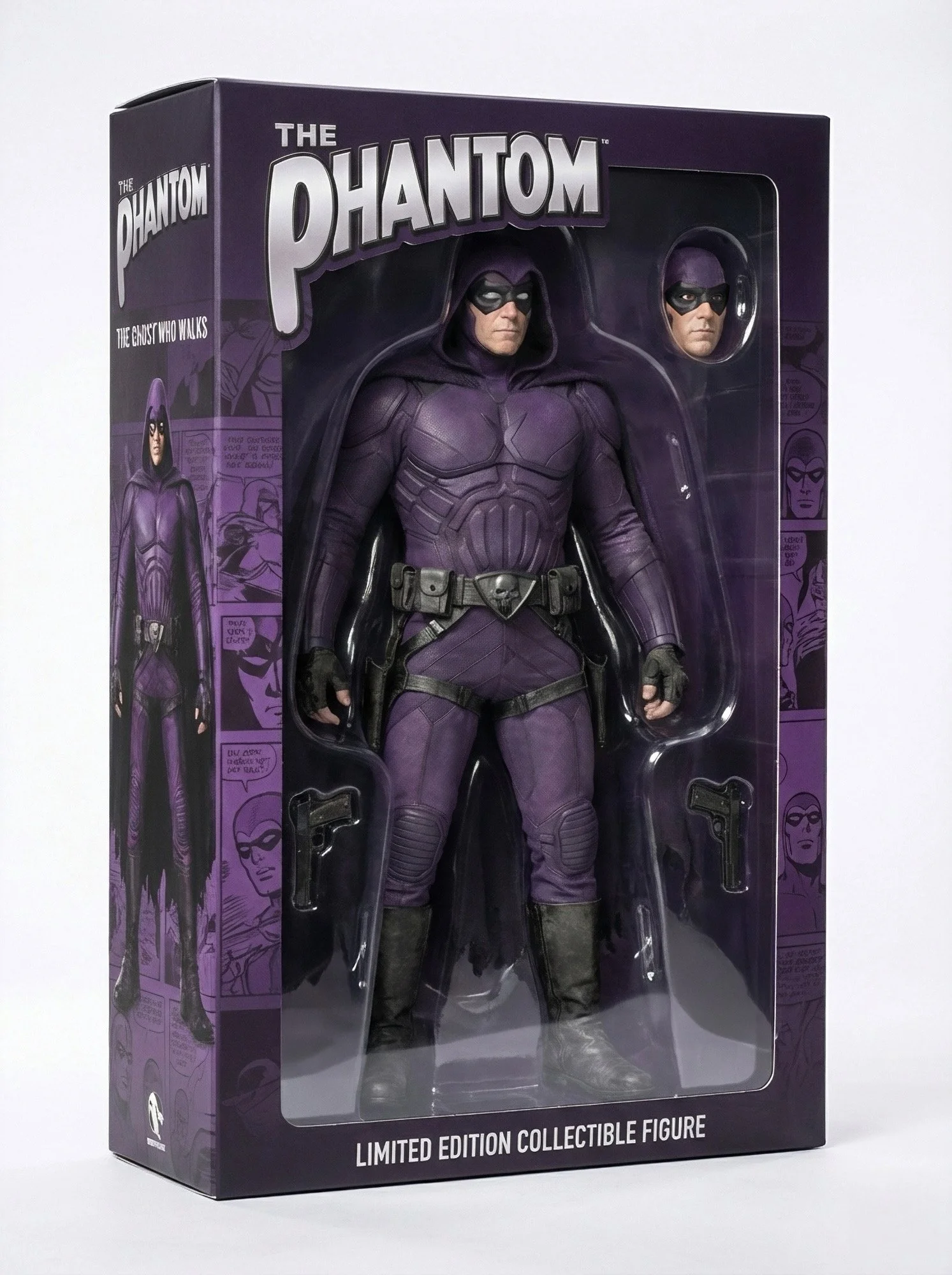 A limited edition collectible action figure of The Phantom in purple costume, inside its packaging with comic strip backgrounds on the box.