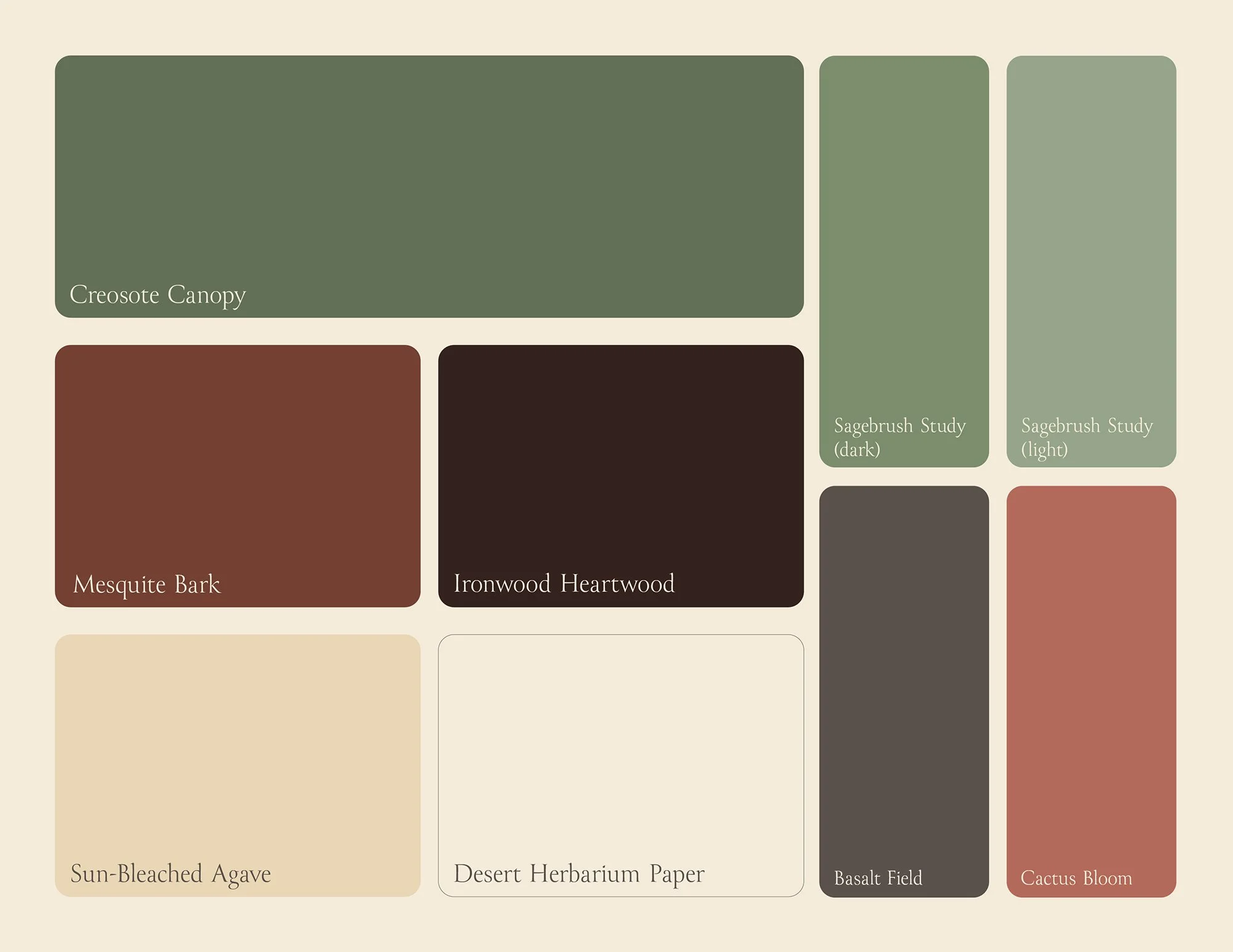Color Palette: A landscape-inspired color system featuring colors like creosote bushes, ironwood tree bark, and cactus flower blooms designed to evoke the warmth and flora of the Arizona desert.