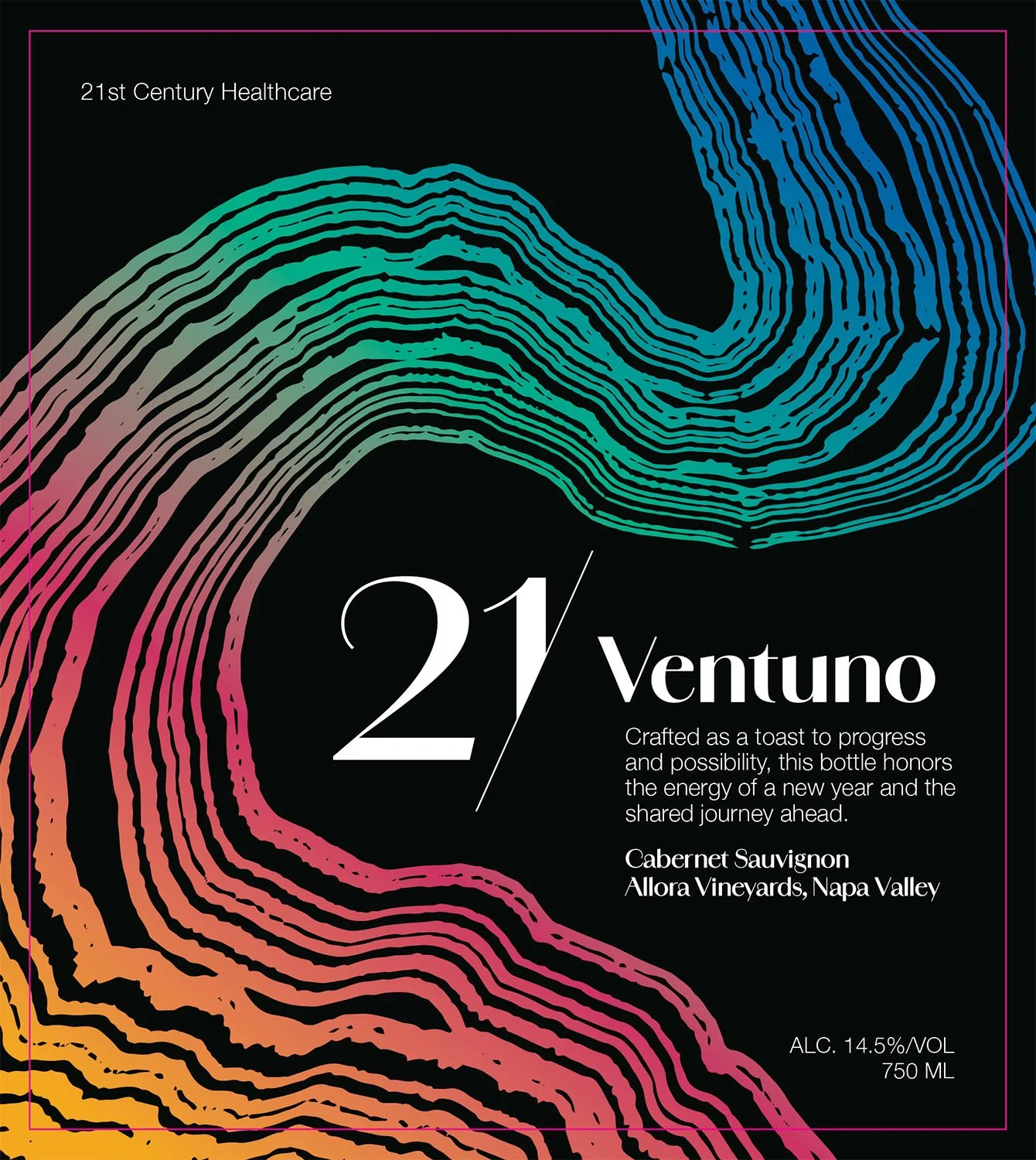 Flat digital artwork for corporate gift wine label, displaying modern typography and vibrant abstract brand color graphics on a solid black background.