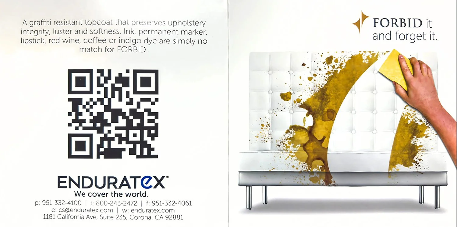 A branded bi-fold brochure introducing Enduratex’s FORBID® stain-resistant coating technology. The layout combines bold lifestyle imagery with a QR-driven call to action, balancing visual impact with quick access to technical information for sales an