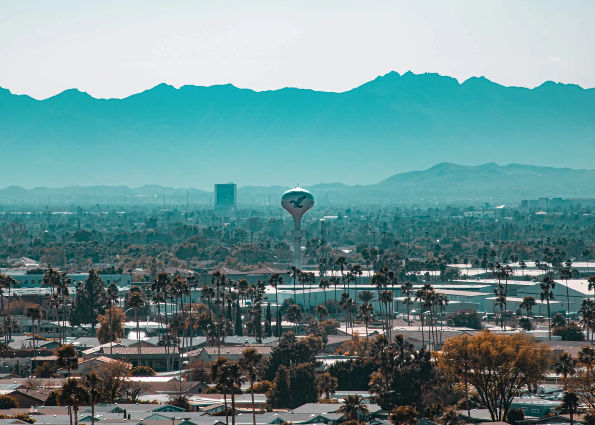 Cityscape with water tower featuring a rocket image, surrounded by palm trees, buildings, and distant mountains under a clear sky.