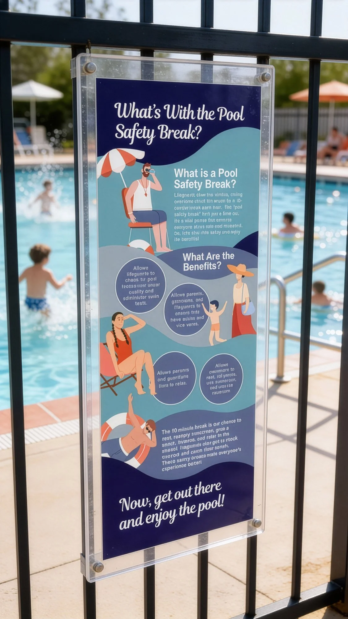 Sign with pool safety information next to a swimming pool, showing people swimming and relaxing around the pool area.