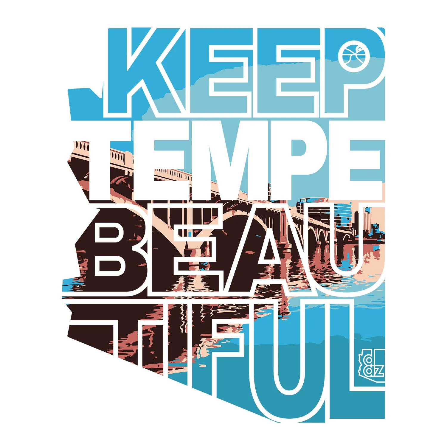 "Keep Tempe Beautiful" community-focused apparel design, featuring a stylized vector illustration of the Mill Avenue Bridge within a bold, geographic state silhouette.