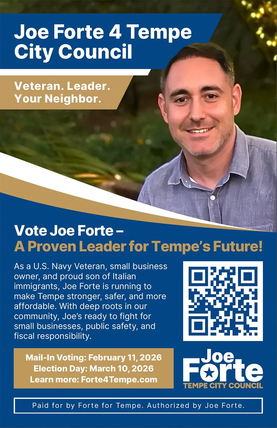 Vertical political campaign promotional handout for Joe Forte's Tempe City Council race. Features candidate photography, a concise biographical statement emphasizing his Navy veteran and small business background, and a scannable QR code directing vo