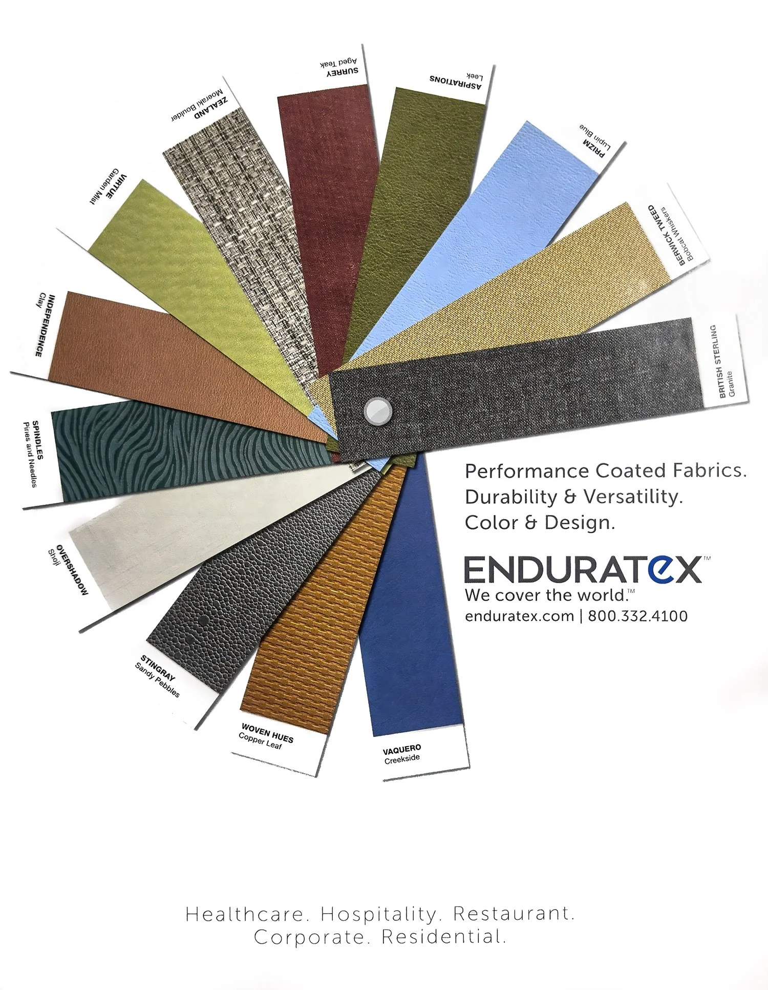 A print ad designed to highlight the breadth of Enduratex’s coated fabric offerings. The radial swatch layout emphasizes color, texture, and versatility across hospitality, healthcare, and commercial applications.