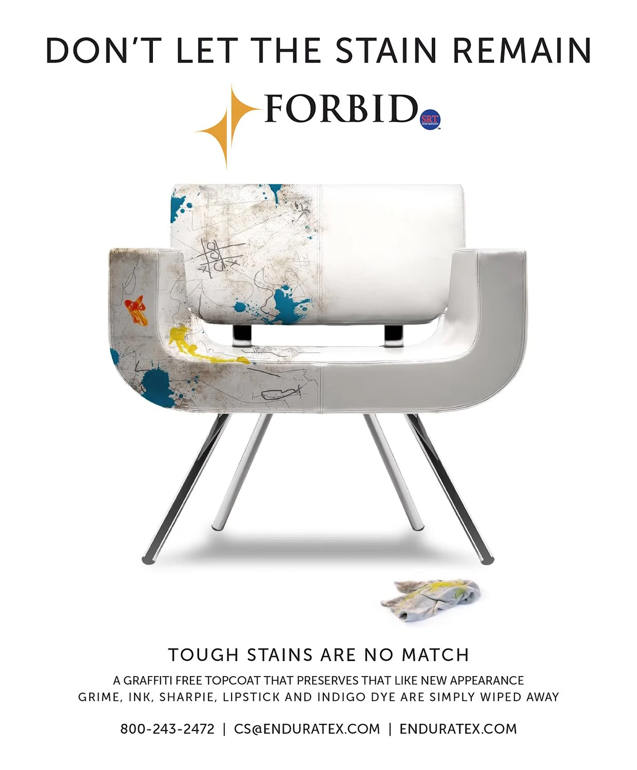 A product-forward print ad showcasing Enduratex-coated fabric on modern furniture surrounded by paint splatter. The composition visually reinforces durability without relying on heavy technical language.