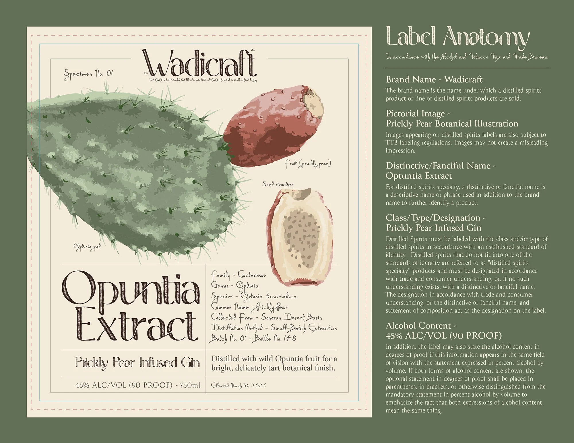 Label Design: Product label for the Prickly Pear Infused Gin, utilizing a structured apothecary-style grid, intricate botanical line art, and proof of adherence to the Alcohol and Tobacco Tax and Trade Bureau labeling guidelines.