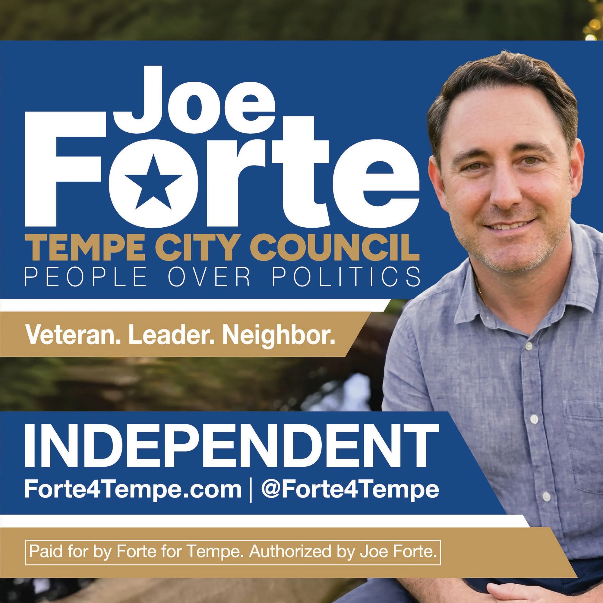 High-visibility political campaign yard sign design for Joe Forte, candidate for Tempe City Council. The digital layout emphasizes the "People Over Politics" slogan, candidate website, and clear typography optimized for immediate roadside readability