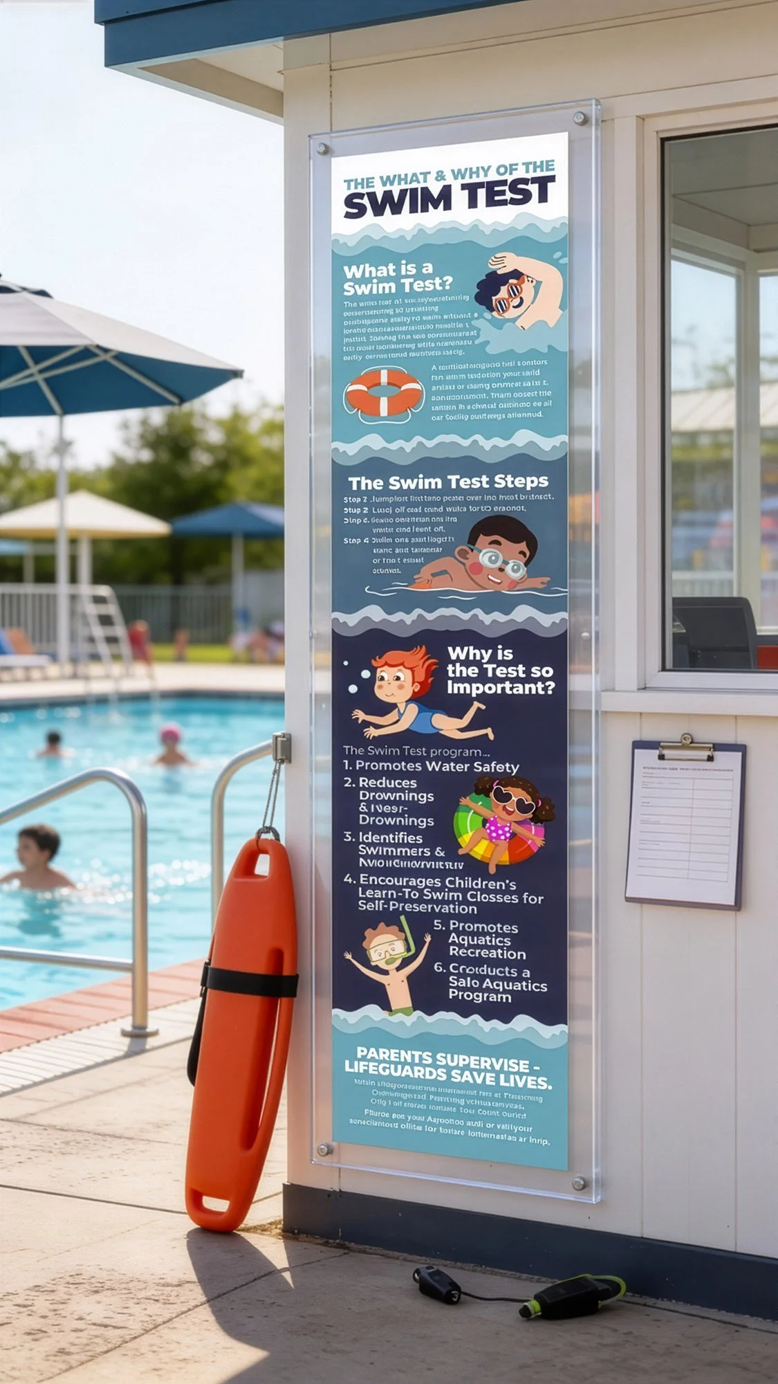 Sign at a swimming pool detailing the swim test requirements, steps, and importance, with illustrations of children swimming, playing, and safety equipment, and a pool in the background.
