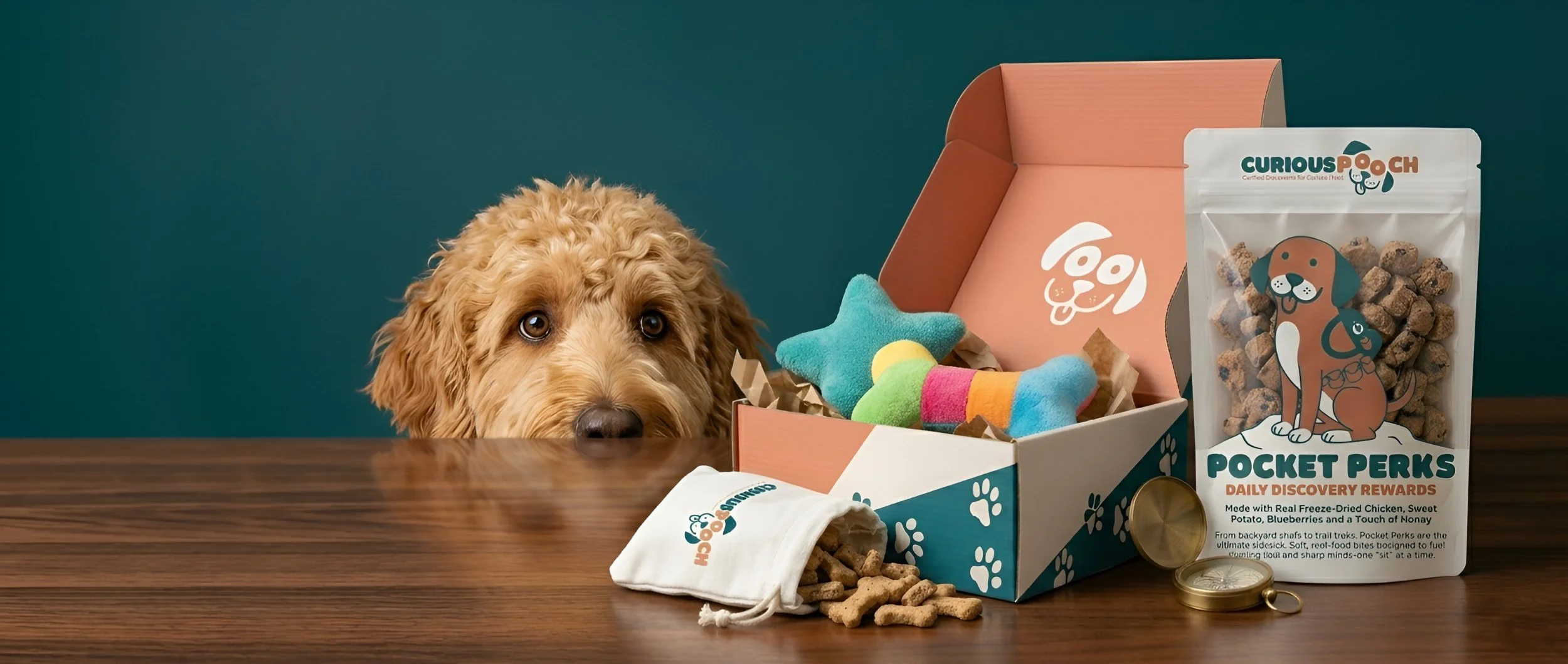 A fluffy golden retriever puppy with brown eyes peeking over a wooden table, surrounded by dog treats, toys, and a pink box labeled 'Curious Pooch Pocket Perks'.