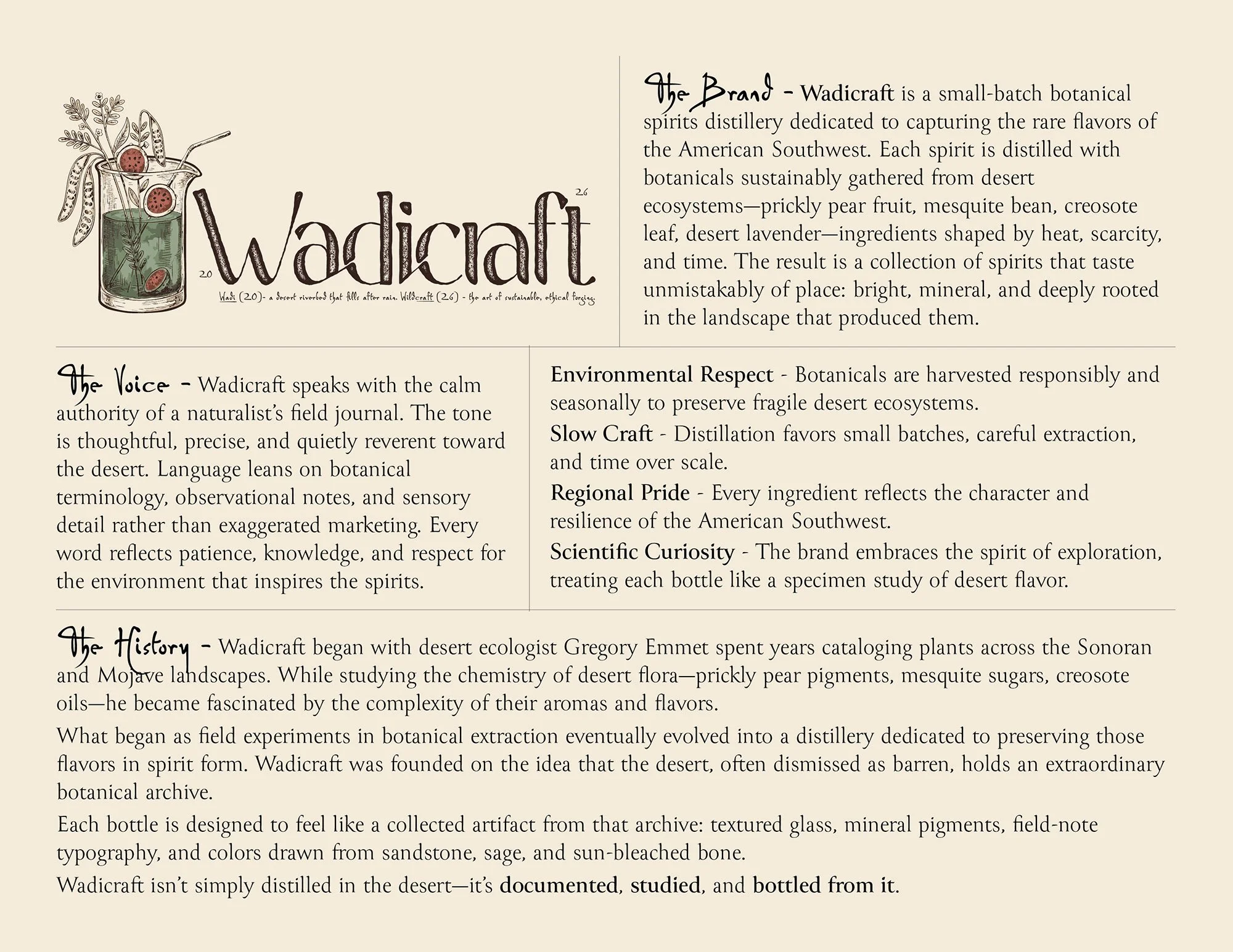 Brand Strategy & History: A comprehensive brand guidelines page outlining Wadicraft’s history, small-batch distillation values, and commitment to authentic Southwestern ingredients.