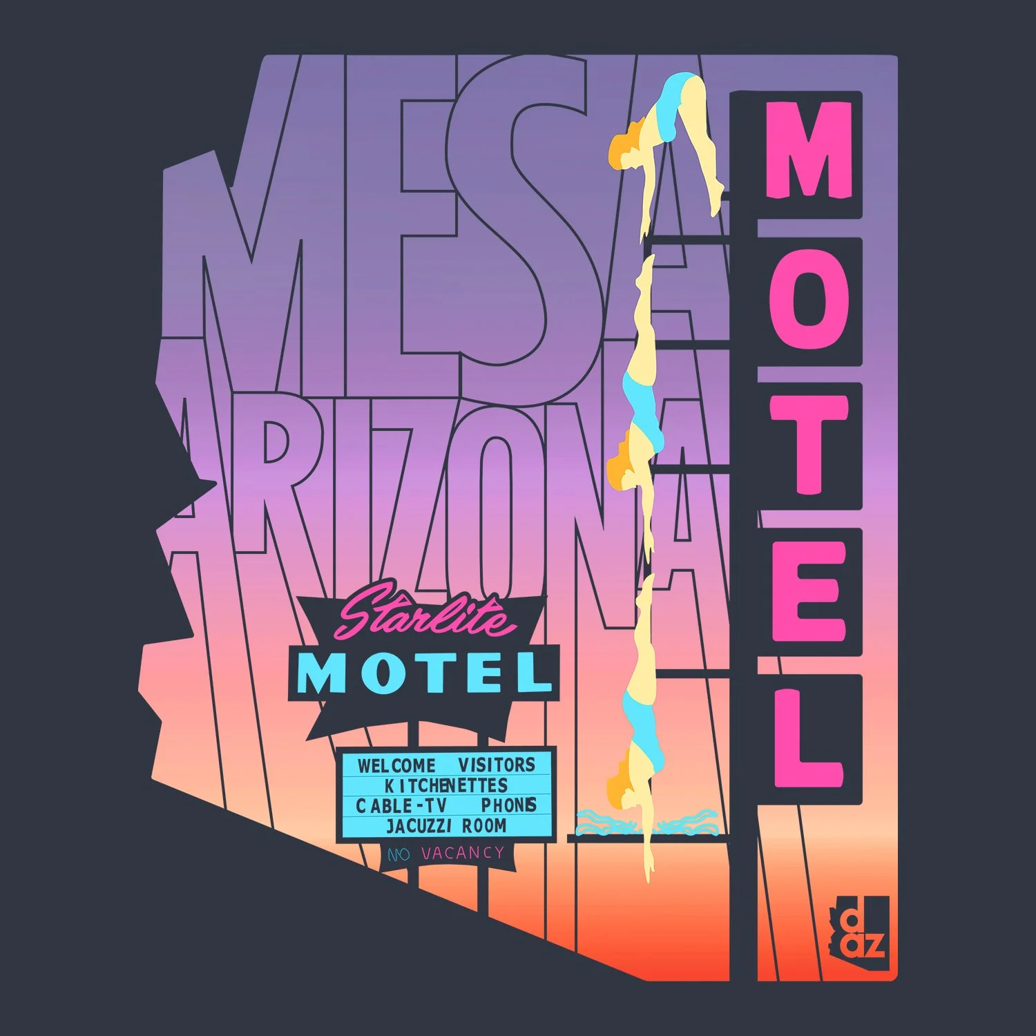 Retro localized apparel design for Mesa, Arizona, featuring a stylized vector recreation of the iconic Starlite Motel Diving Lady neon sign.