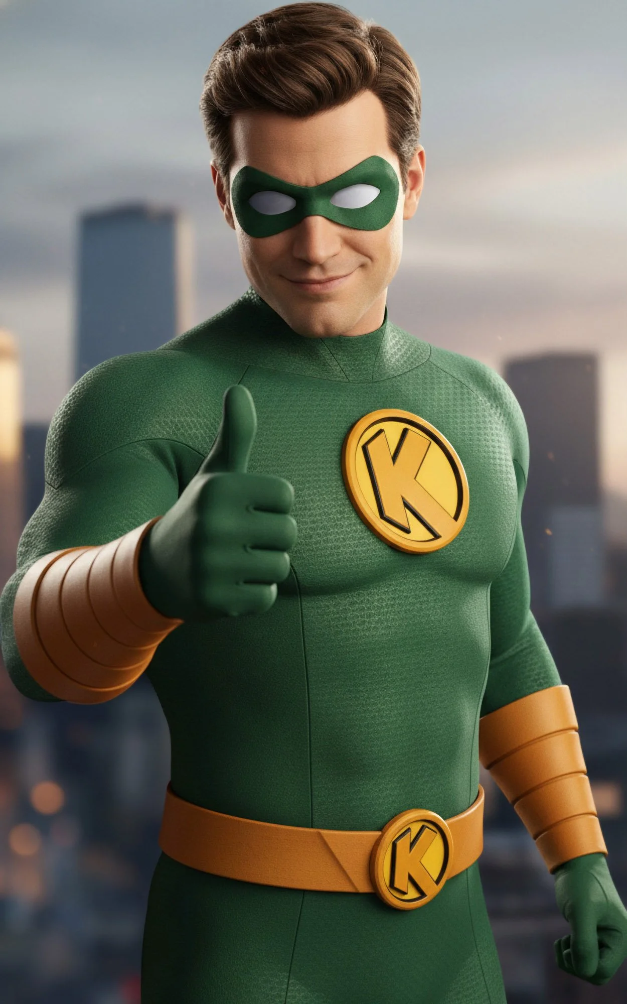 A man dressed as a superhero in a green costume with a yellow 'K' emblem, a green mask, and giving a thumbs-up against a city skyline at sunset.