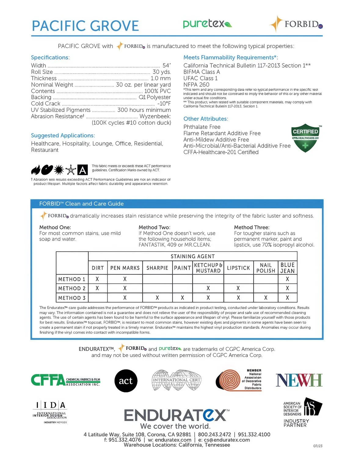 A detailed product specification sheet for Enduratex’s Pacific Grove fabric line. The design prioritizes clarity, compliance, and readability, organizing dense technical data for architects, designers, and specifiers.