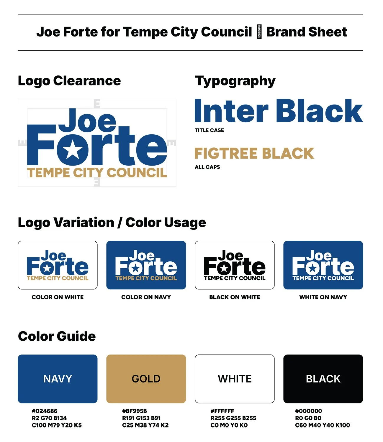 Comprehensive political brand identity guide for Joe Forte's Tempe City Council campaign. The document details the specific Navy and Gold color palette, typography hierarchy utilizing Inter Black and Figtree Black, and structural logo variations nece