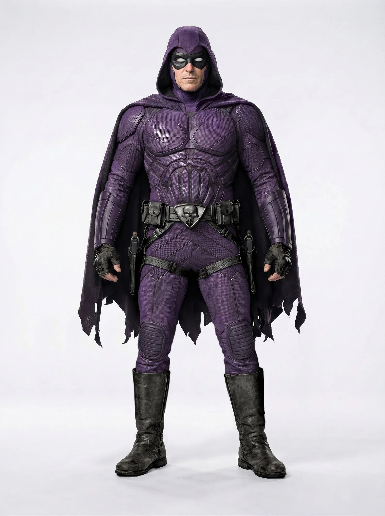 A man in a purple superhero costume with a mask, cape, and utility belt, standing against a plain white background.